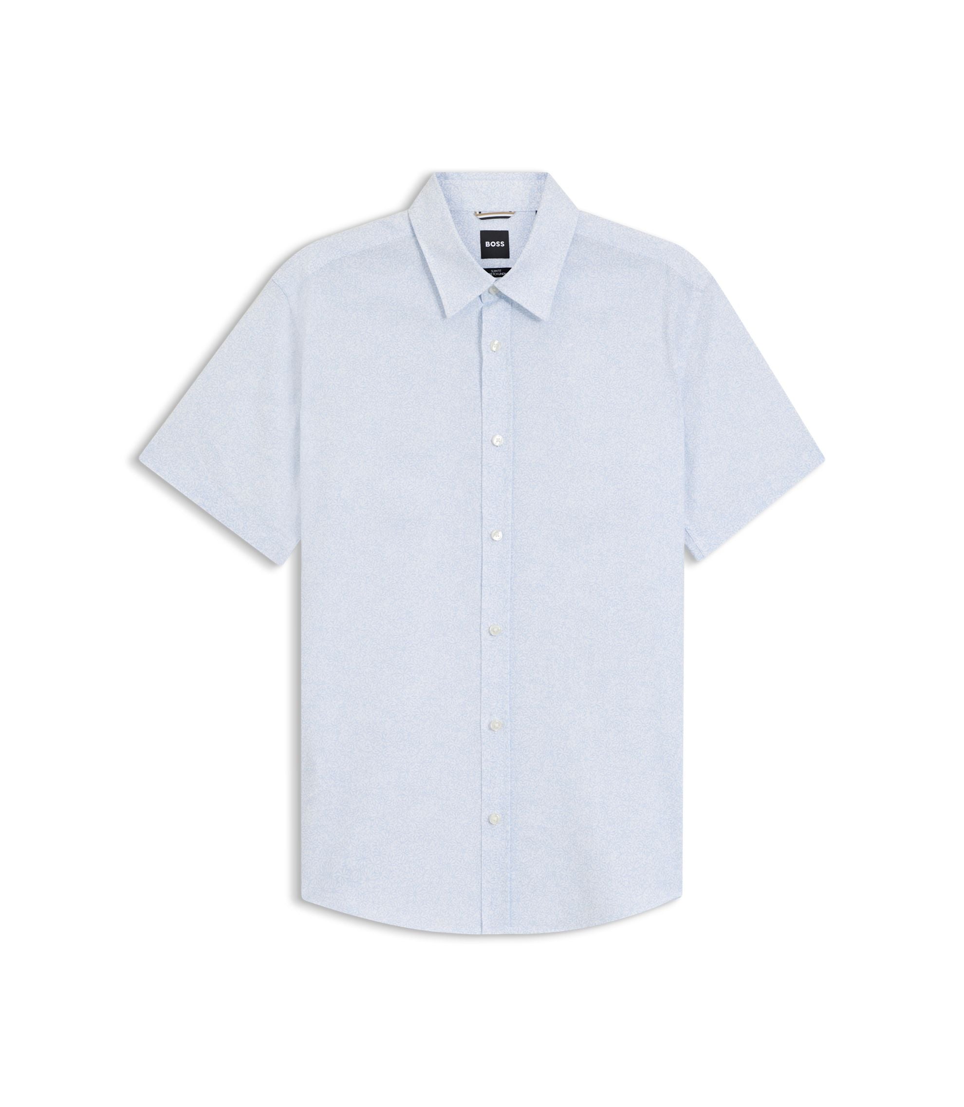 Boss Floral Print Slim Fit Shirt In Stretch Linen Light Blue