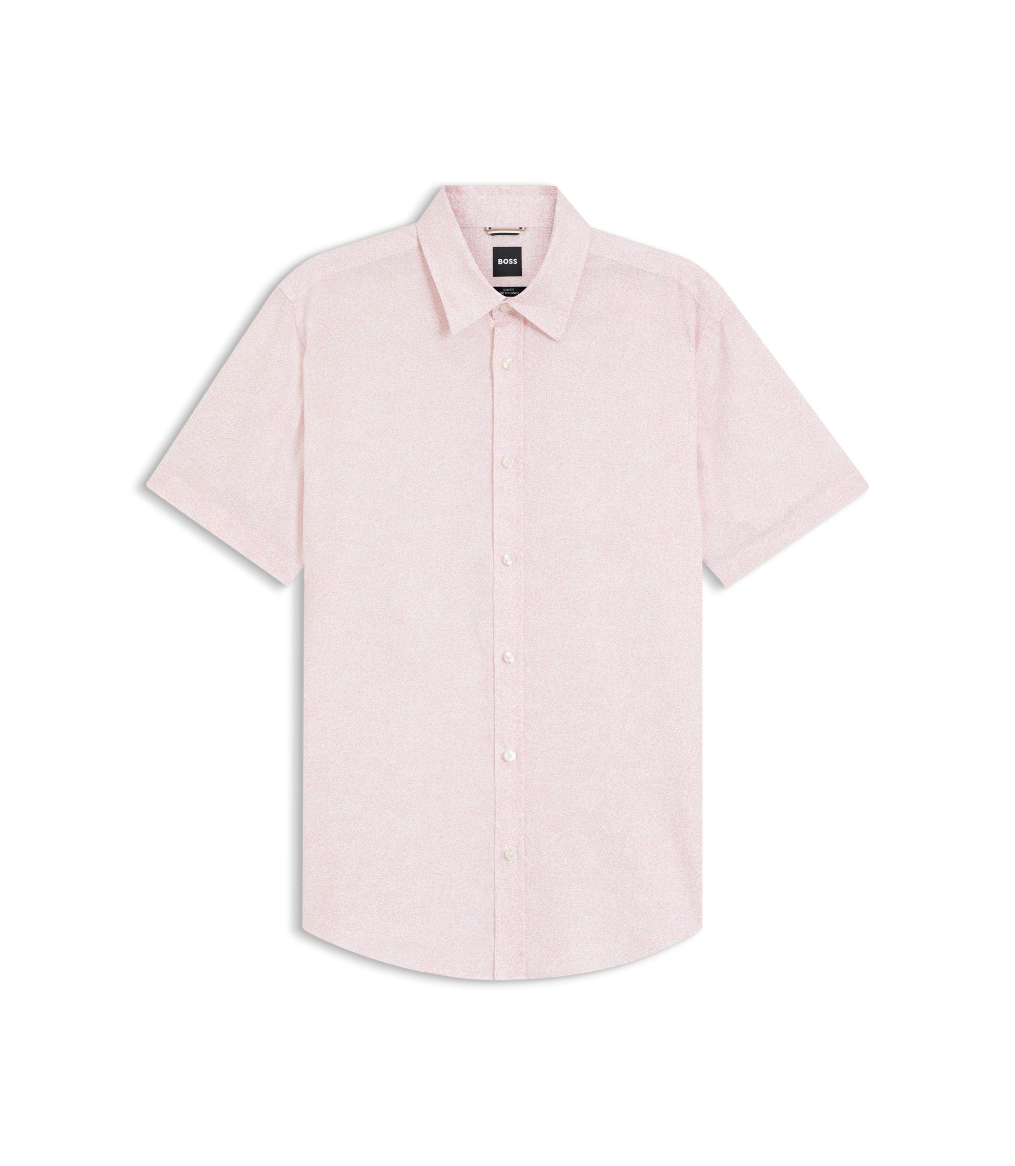 Boss Floral Print Slim Fit Shirt In Stretch Linen Light Pink