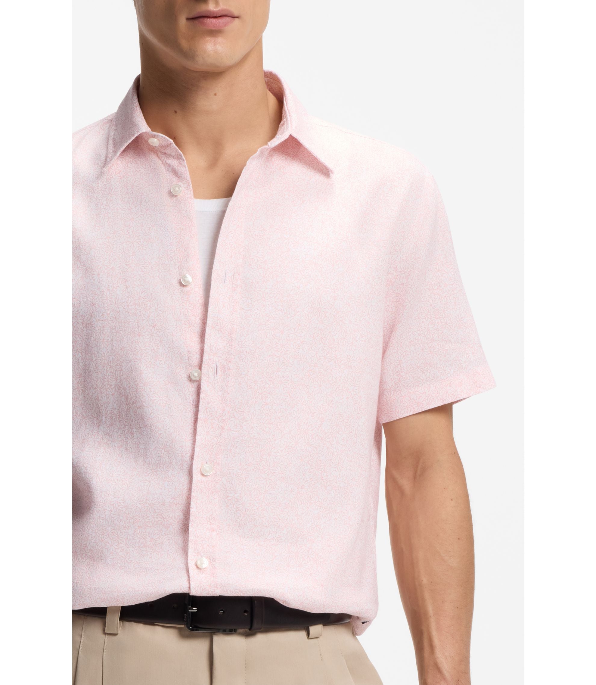 Boss Floral Print Slim Fit Shirt In Stretch Linen Light Pink