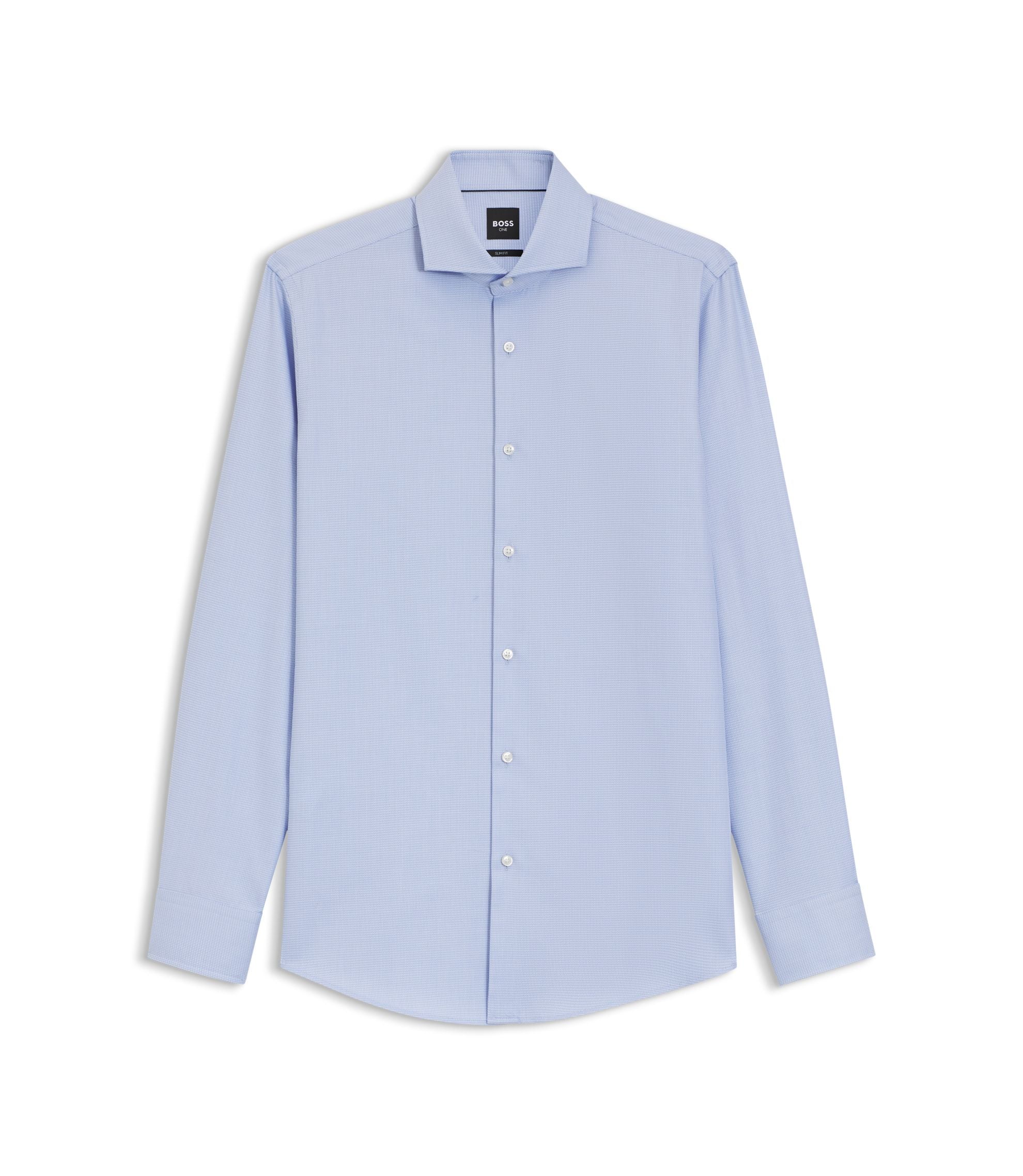 Boss Slim Fit Shirt In Structured Wrinkle Free Cotton Light Blue