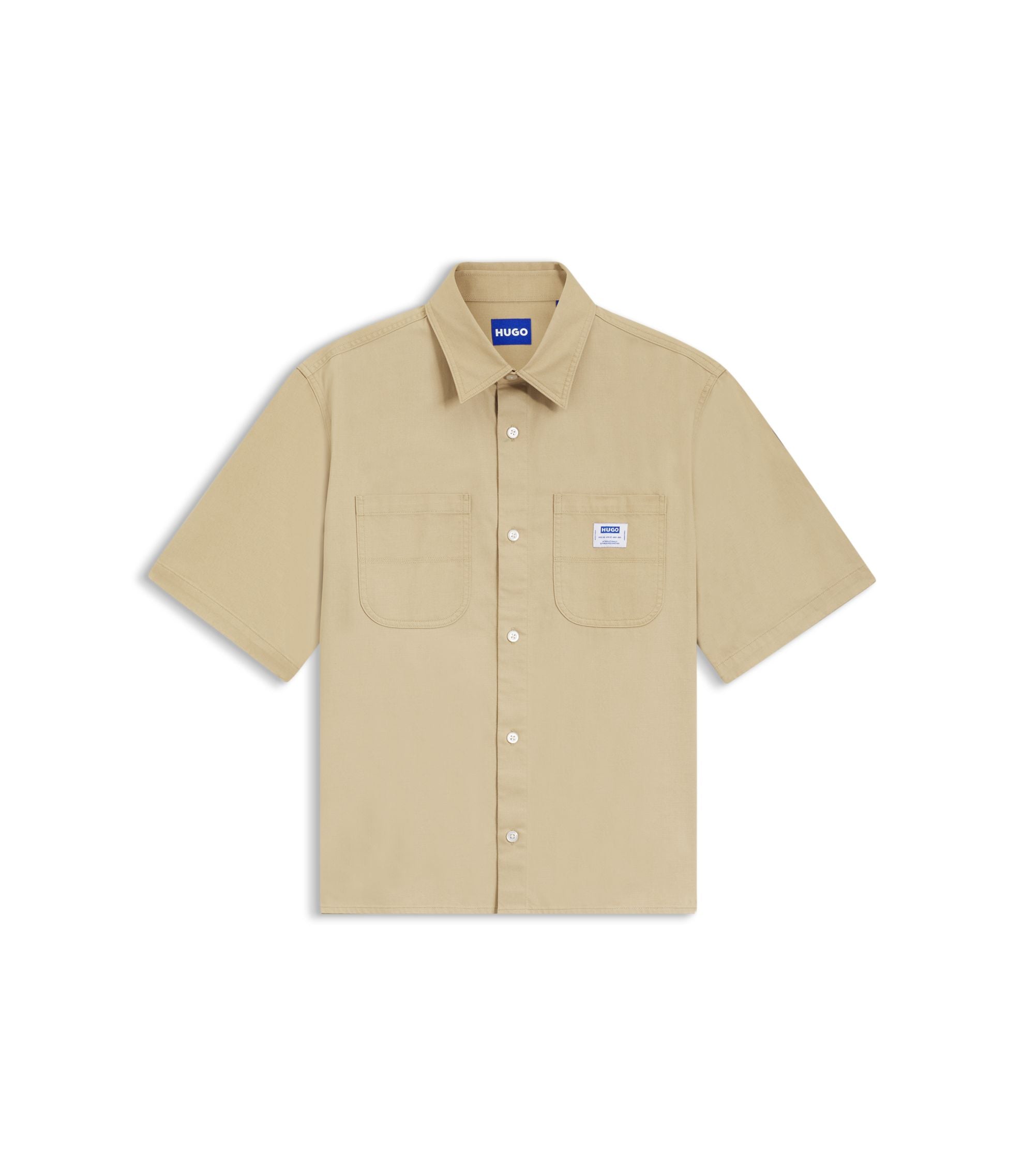 Hugo Oversize Fit Shirt In Slub Cotton With Patch Pockets Beige