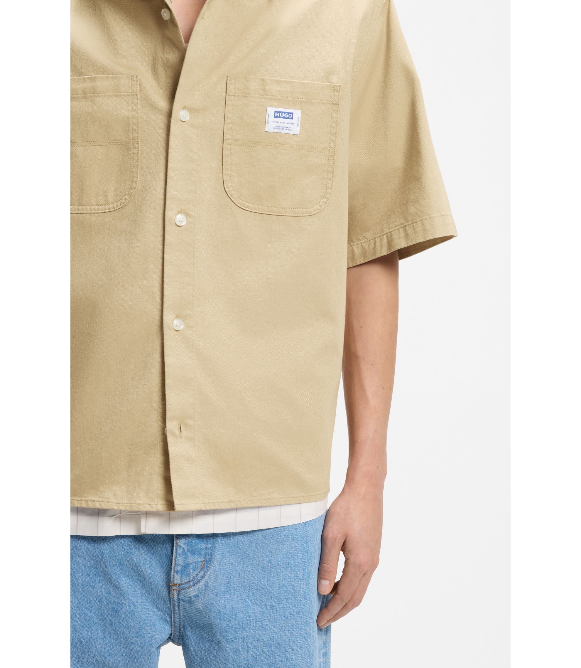 Hugo Oversize Fit Shirt In Slub Cotton With Patch Pockets Beige