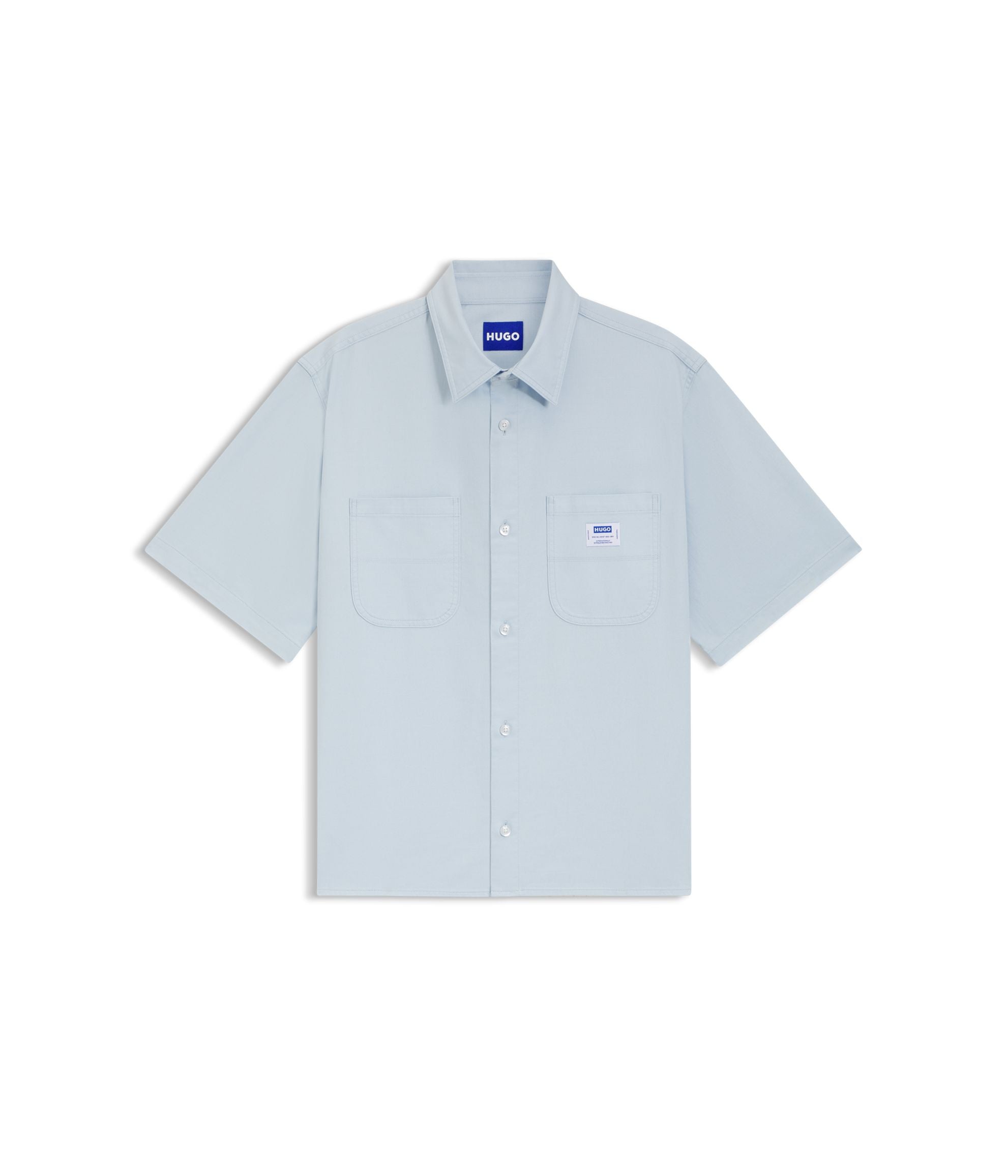 Hugo Oversize Fit Shirt In Slub Cotton With Patch Pockets Light Blue