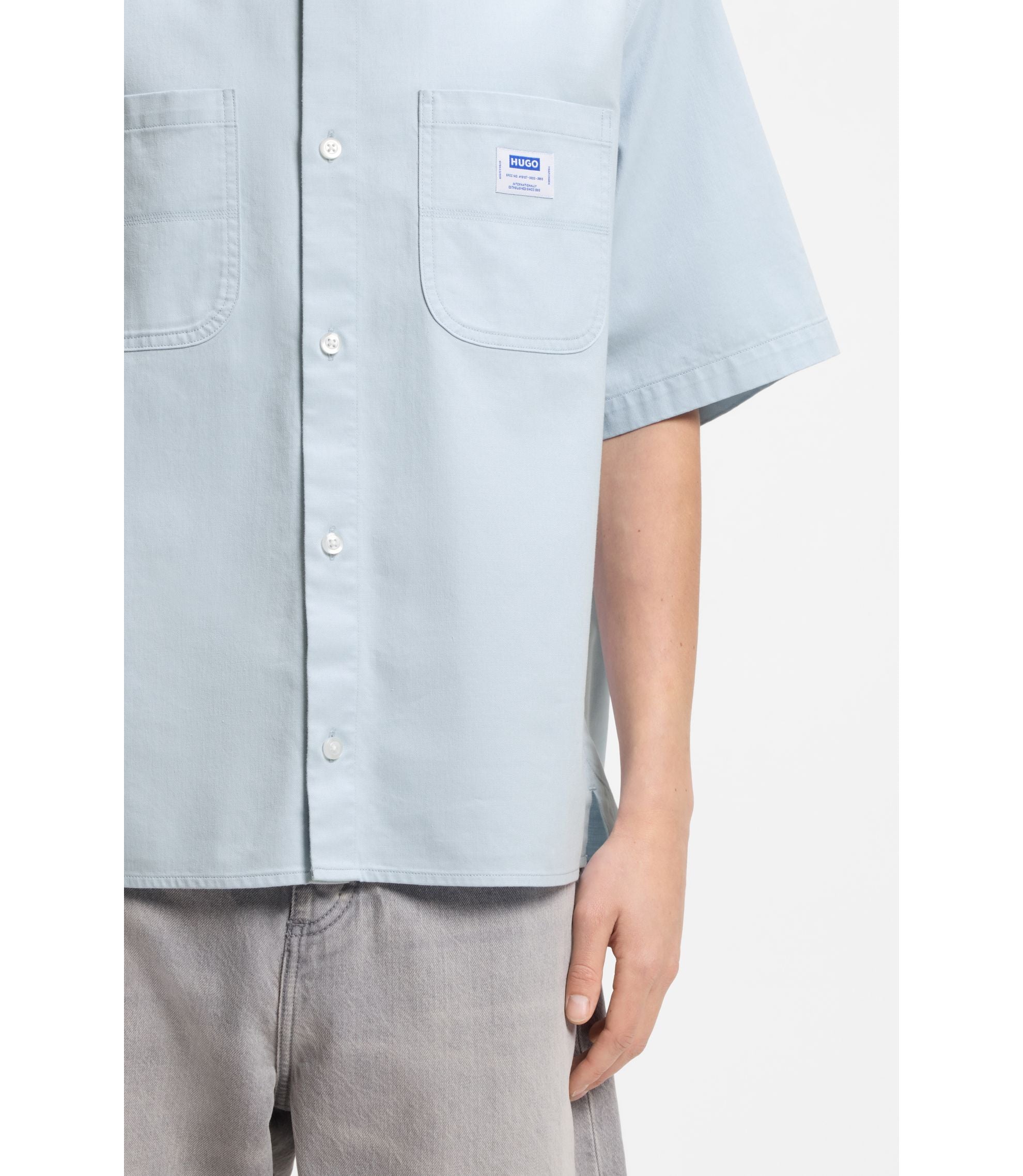 Hugo Oversize Fit Shirt In Slub Cotton With Patch Pockets Light Blue