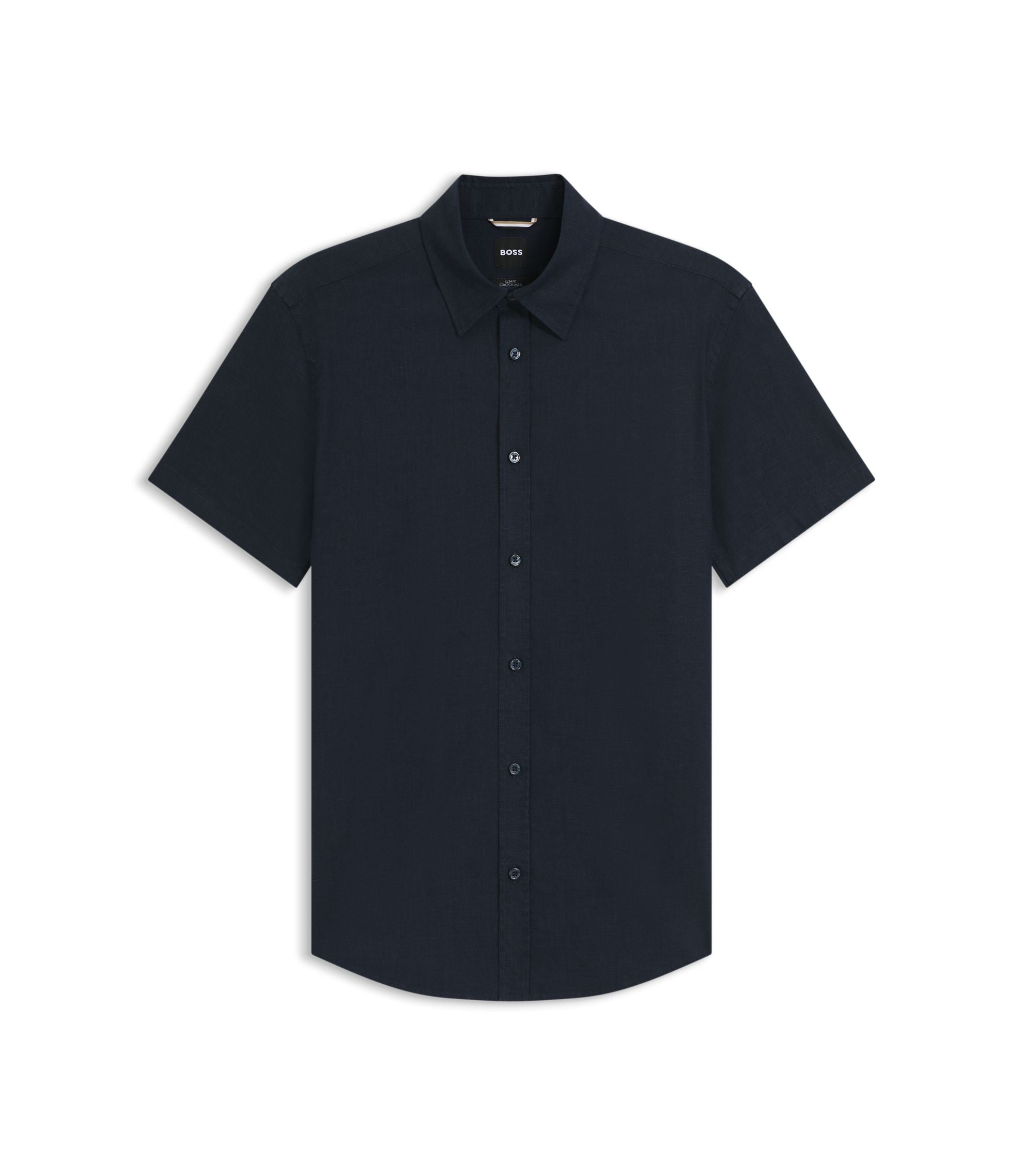 Boss Slim Fit Shirt In Stretch Linen Dark Blue