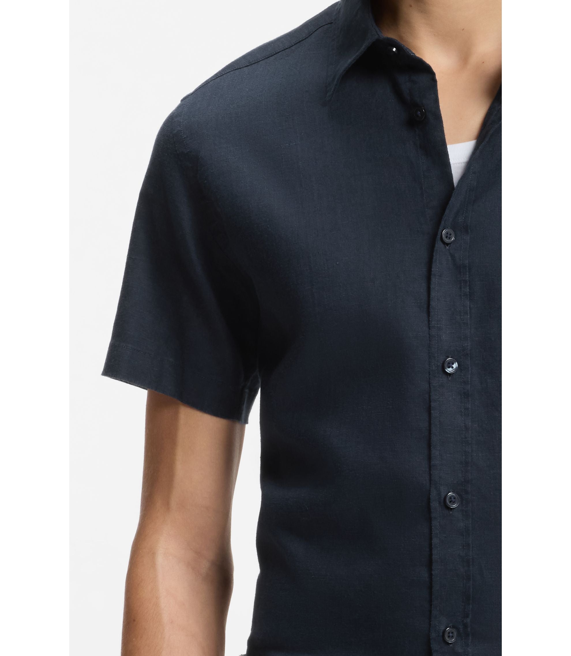 Boss Slim Fit Shirt In Stretch Linen Dark Blue
