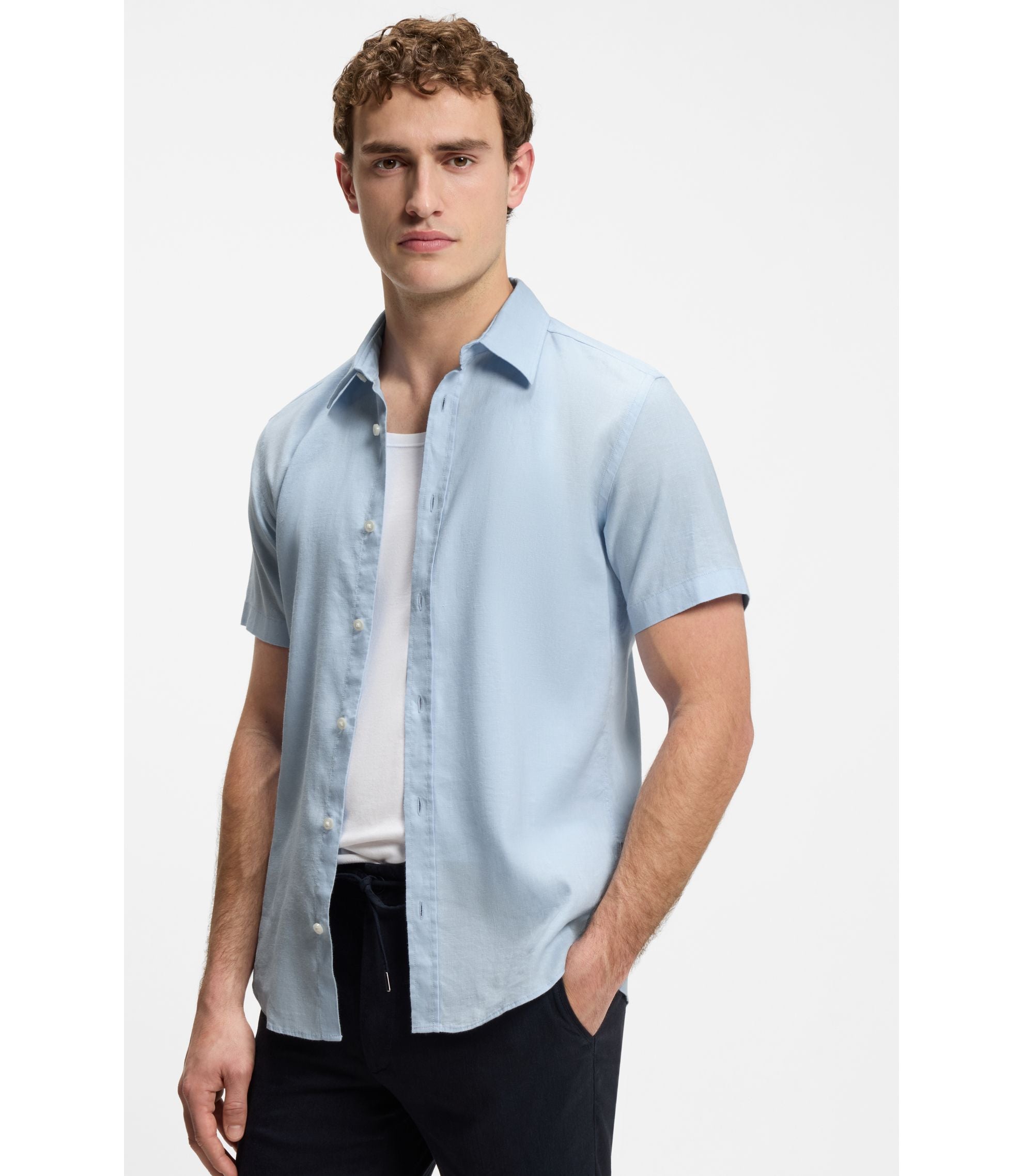 Boss Slim Fit Shirt In Stretch Linen Light Blue
