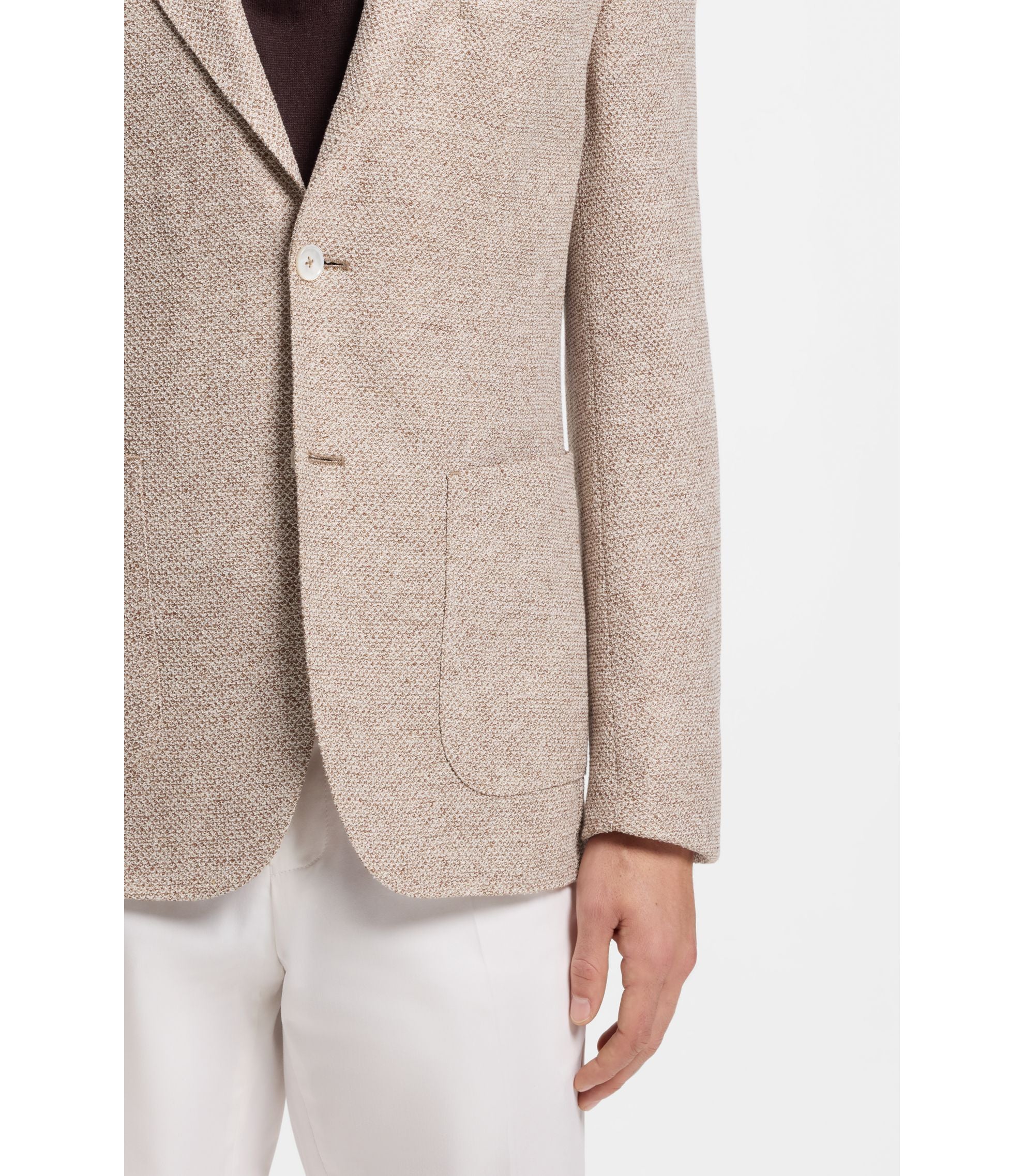 Boss Patterned Regular Fit Jacket In A Linen Blend Beige