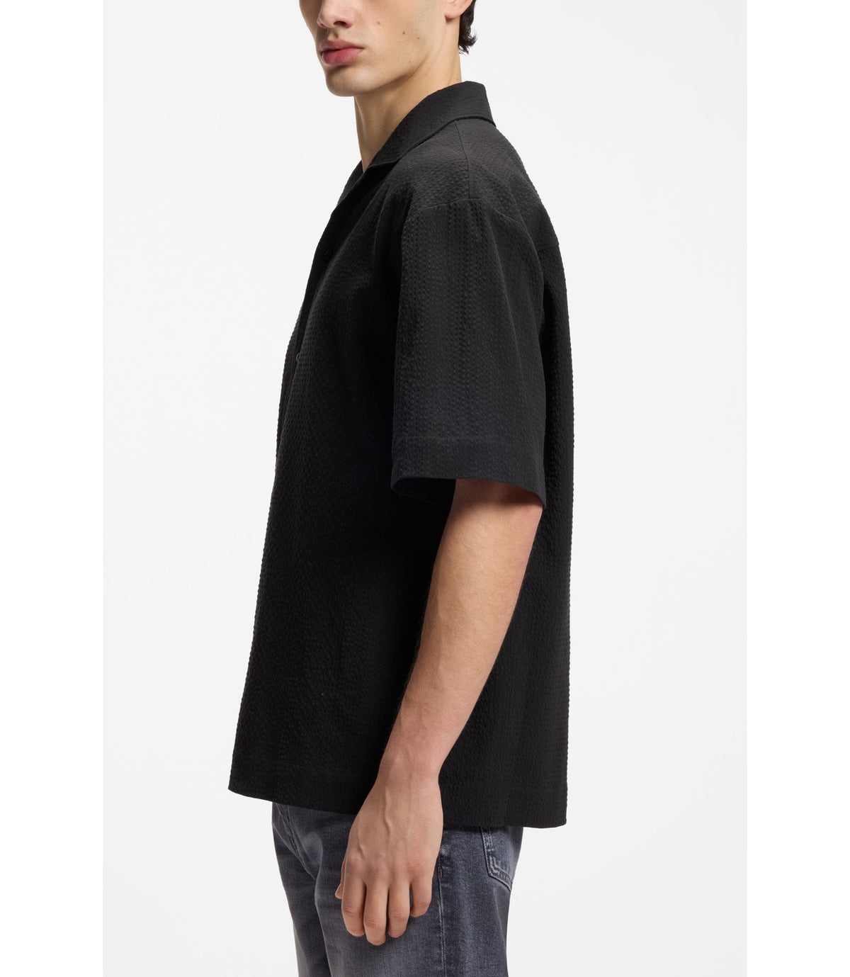 Hugo Oversized Fit Shirt In Stretch Cotton Seersucker Black