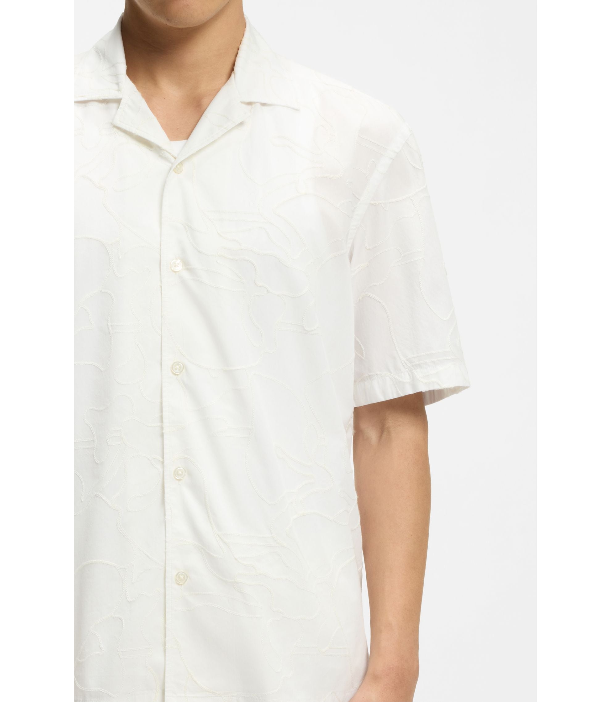 Boss Relaxed Fit Shirt In Floral Embroidered Cotton White