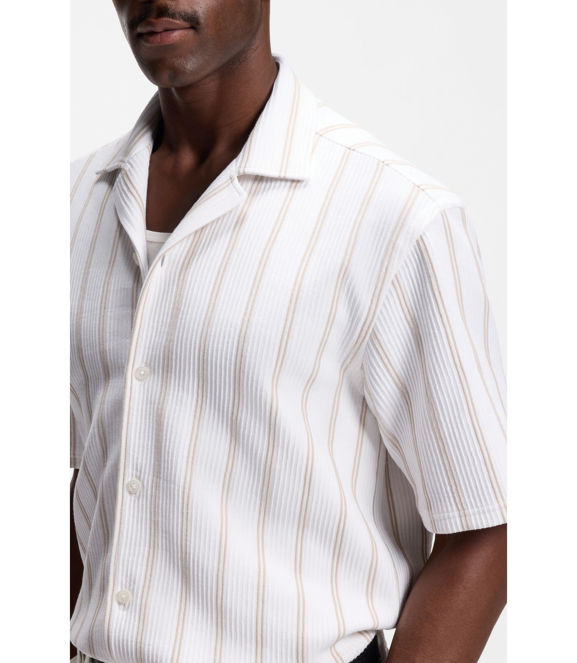Boss Striped Relaxed Fit Shirt In Stretch Cotton Light Beige