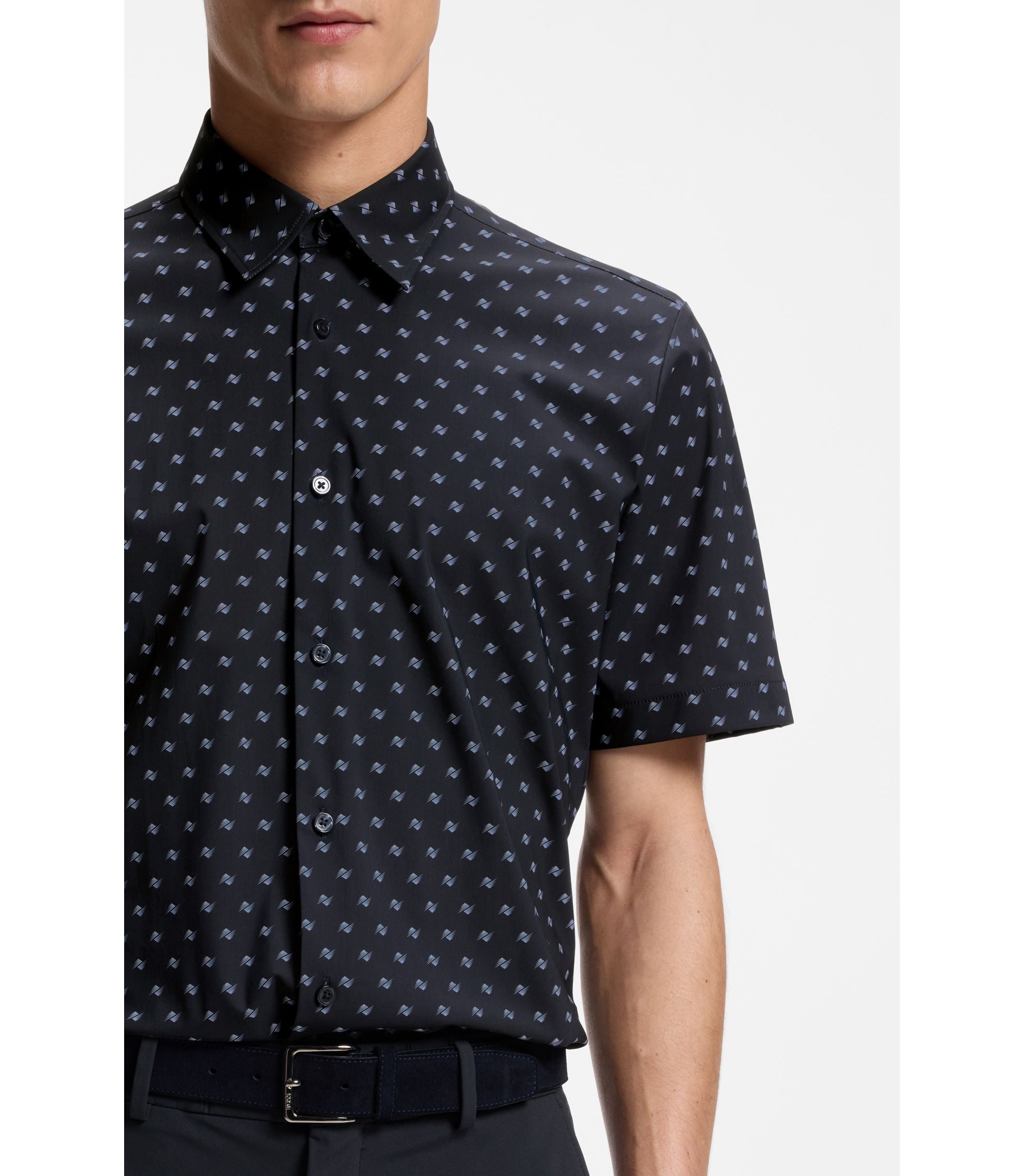 Boss Printed Regular Fit Shirt In Performance Stretch Jersey Dark Blue