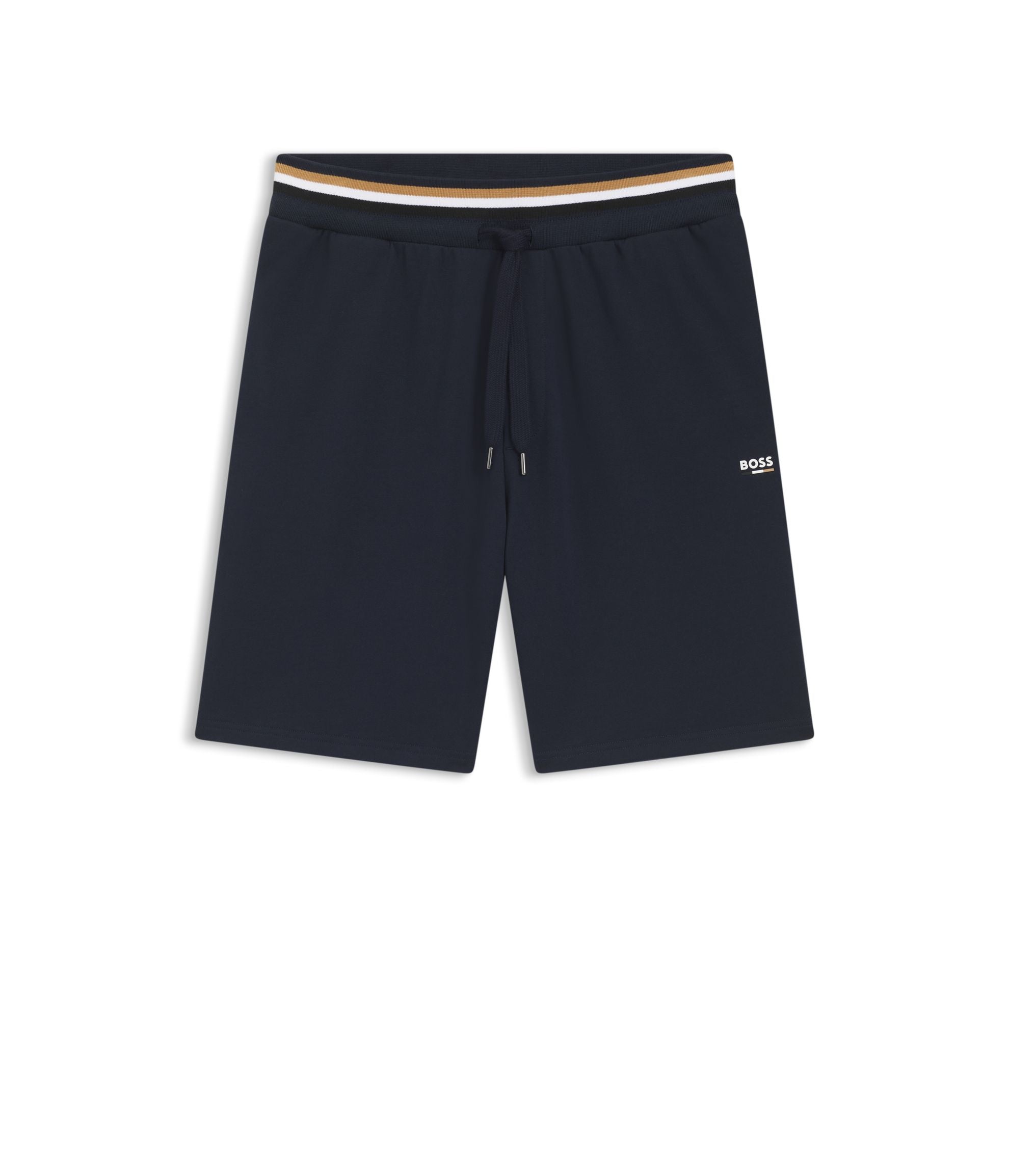 Boss Logo Print Shorts In Cotton Terry Dark Blue