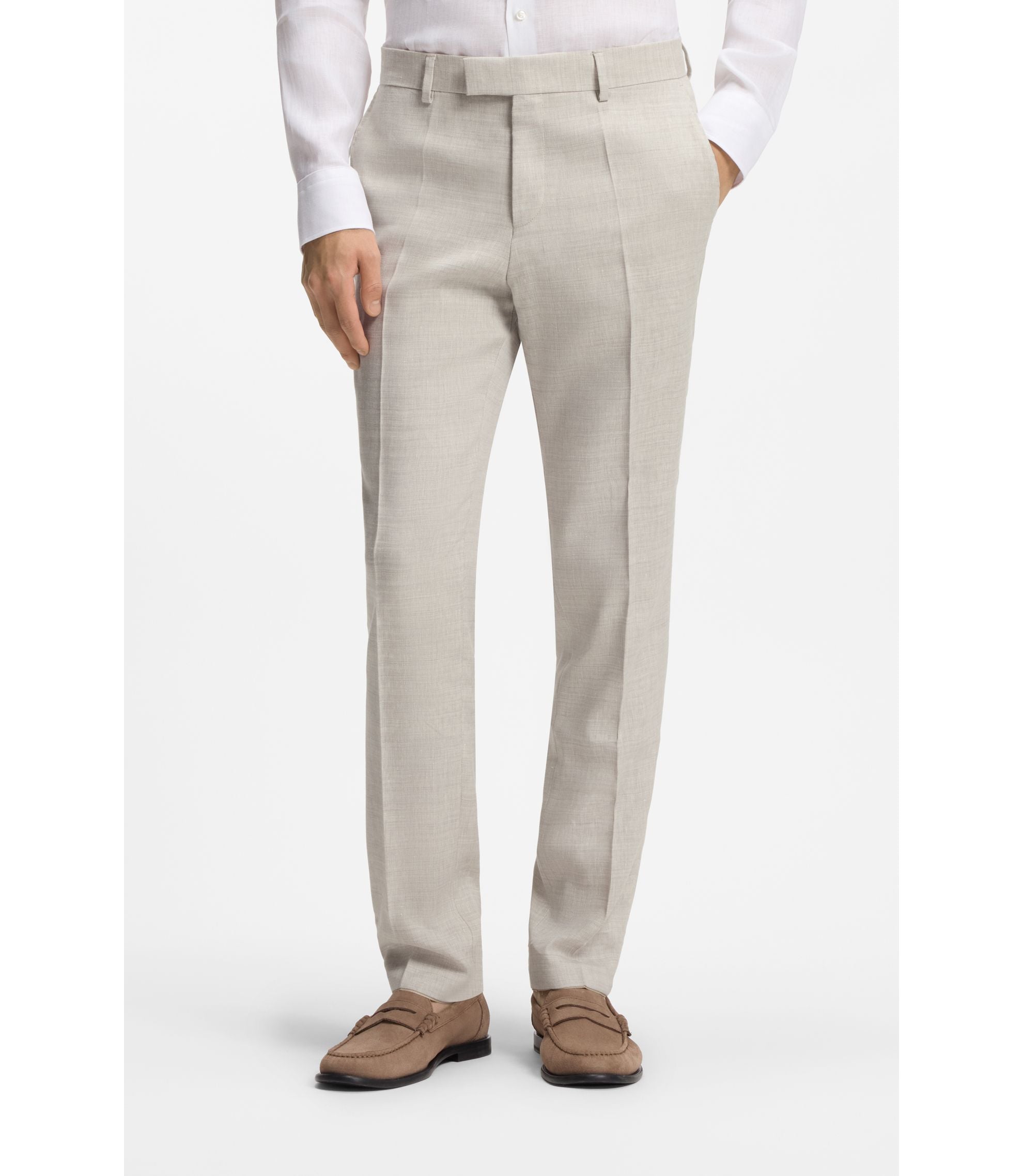 Boss Two Piece Slim Fit Suit In Striped Linen And Wool Light Grey