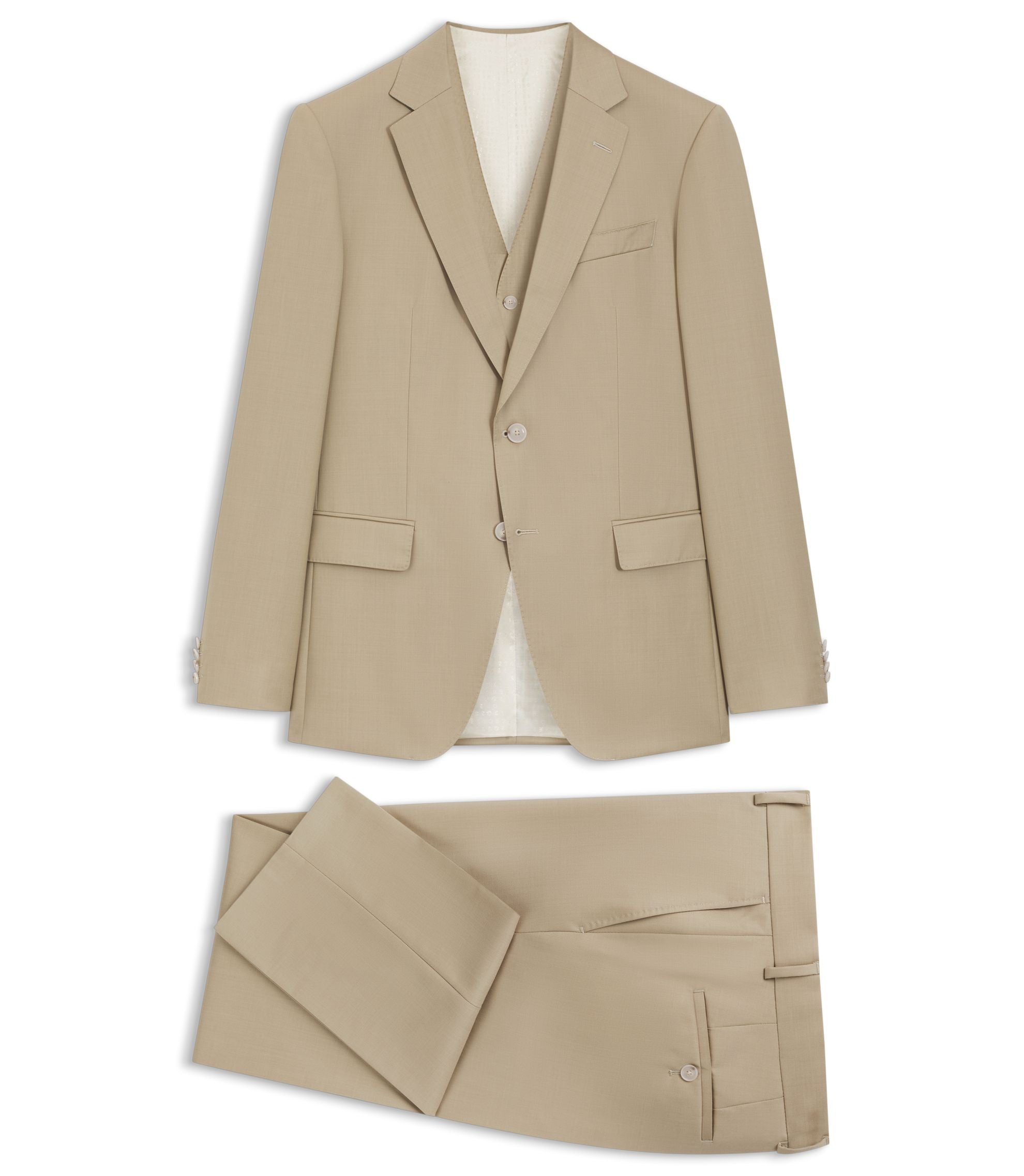 Boss Three Piece Slim Fit Suit In Virgin Wool Serge Light Beige