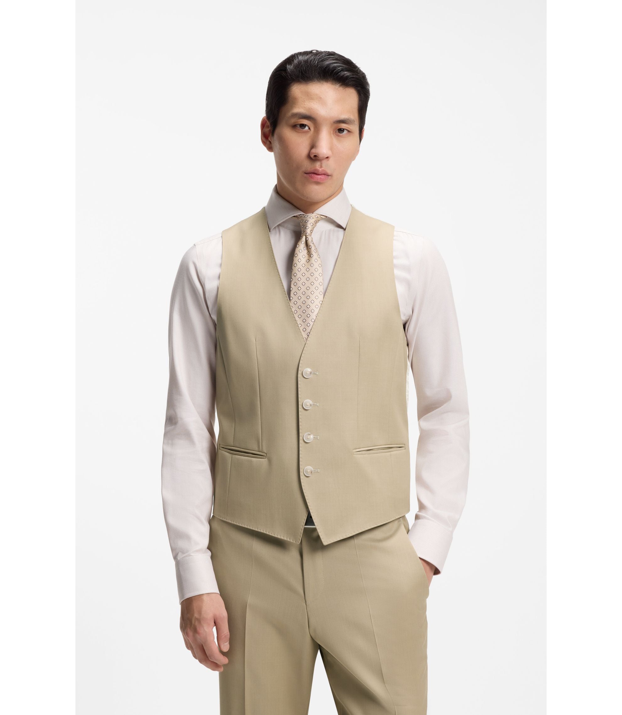 Boss Three Piece Slim Fit Suit In Virgin Wool Serge Light Beige