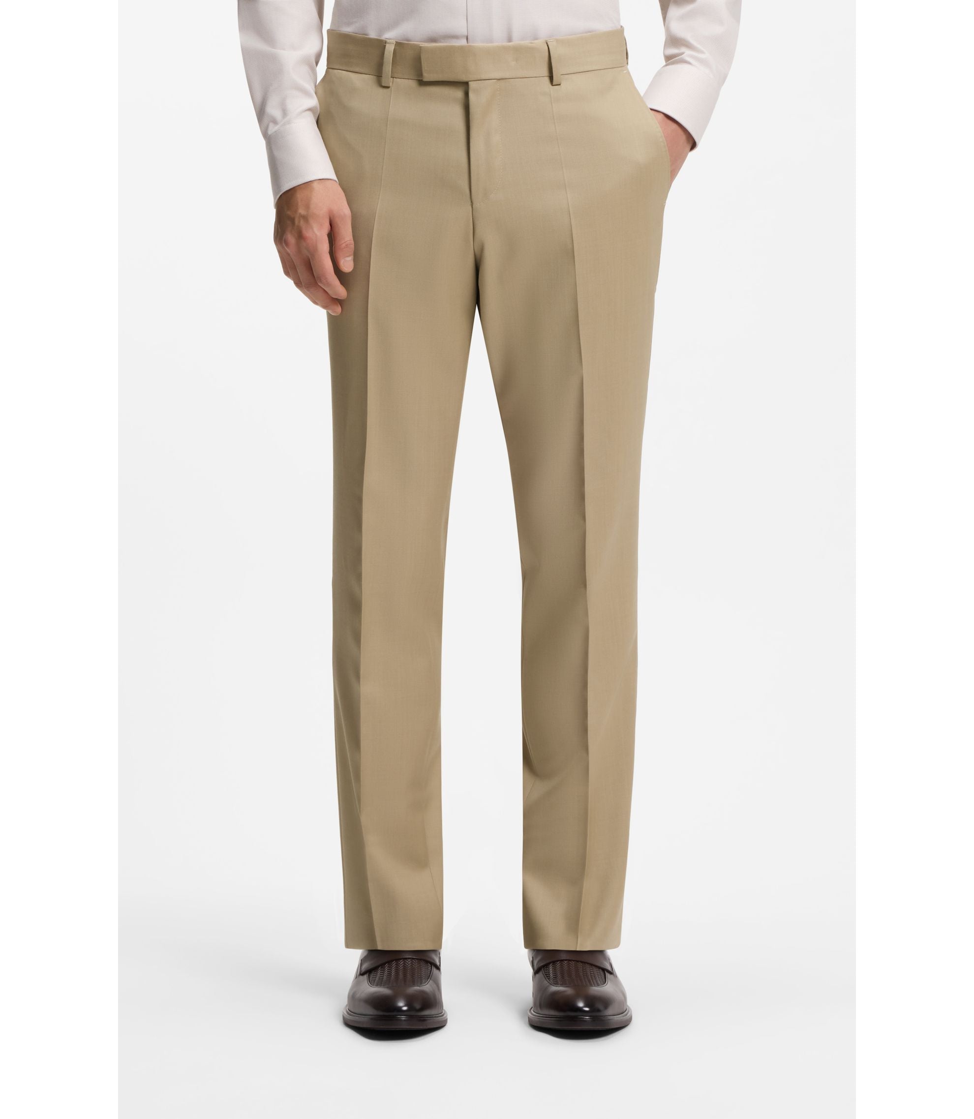 Boss Three Piece Slim Fit Suit In Virgin Wool Serge Light Beige