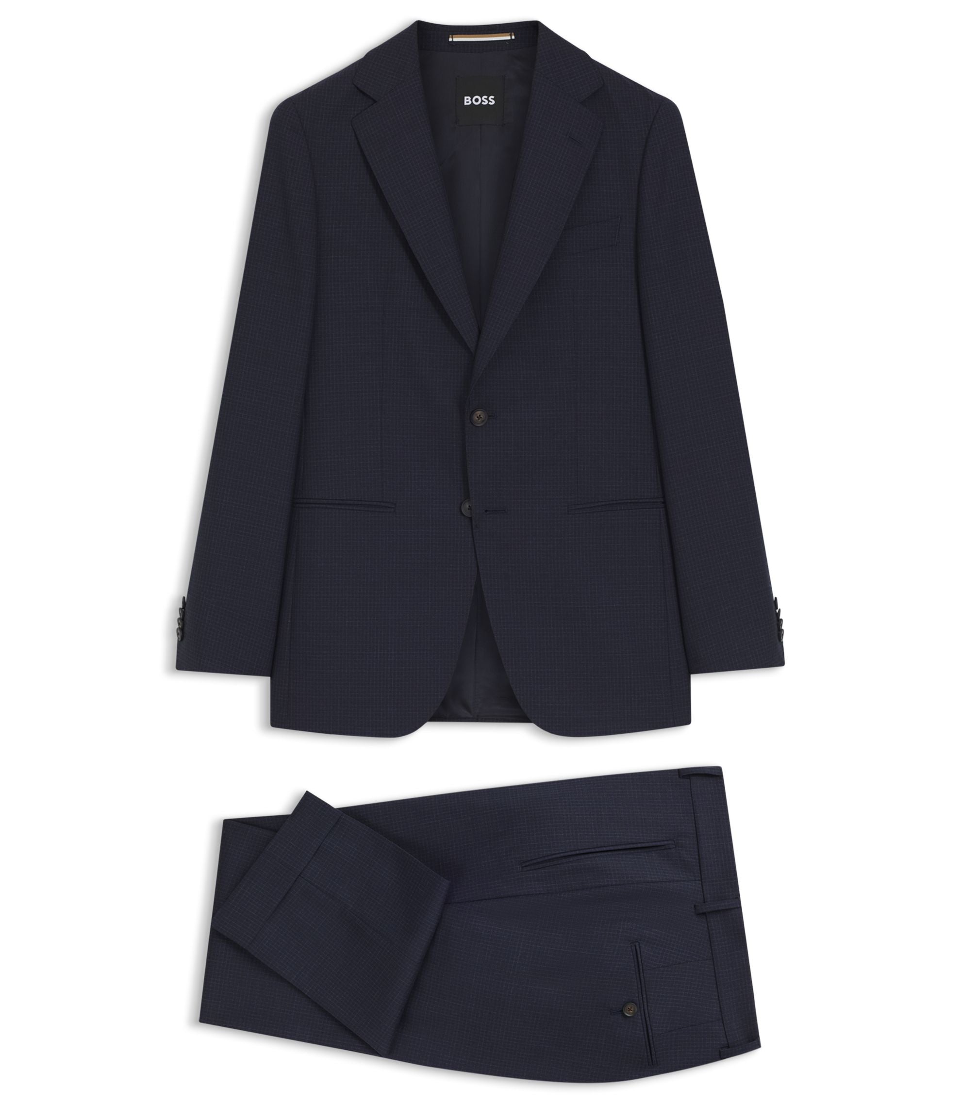 Boss Two Piece Slim Fit Suit In Checked Virgin Wool Dark Blue