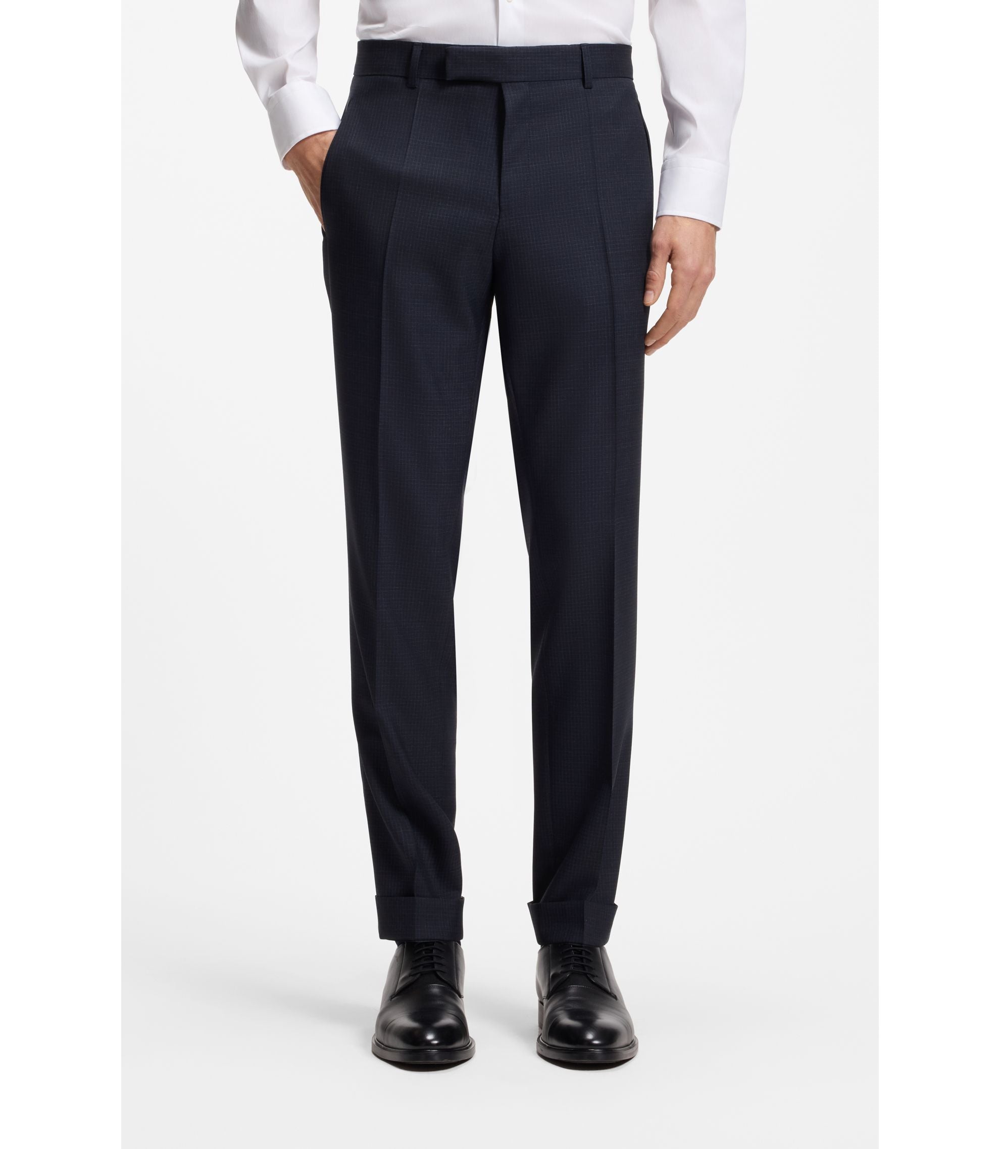 Boss Two Piece Slim Fit Suit In Checked Virgin Wool Dark Blue