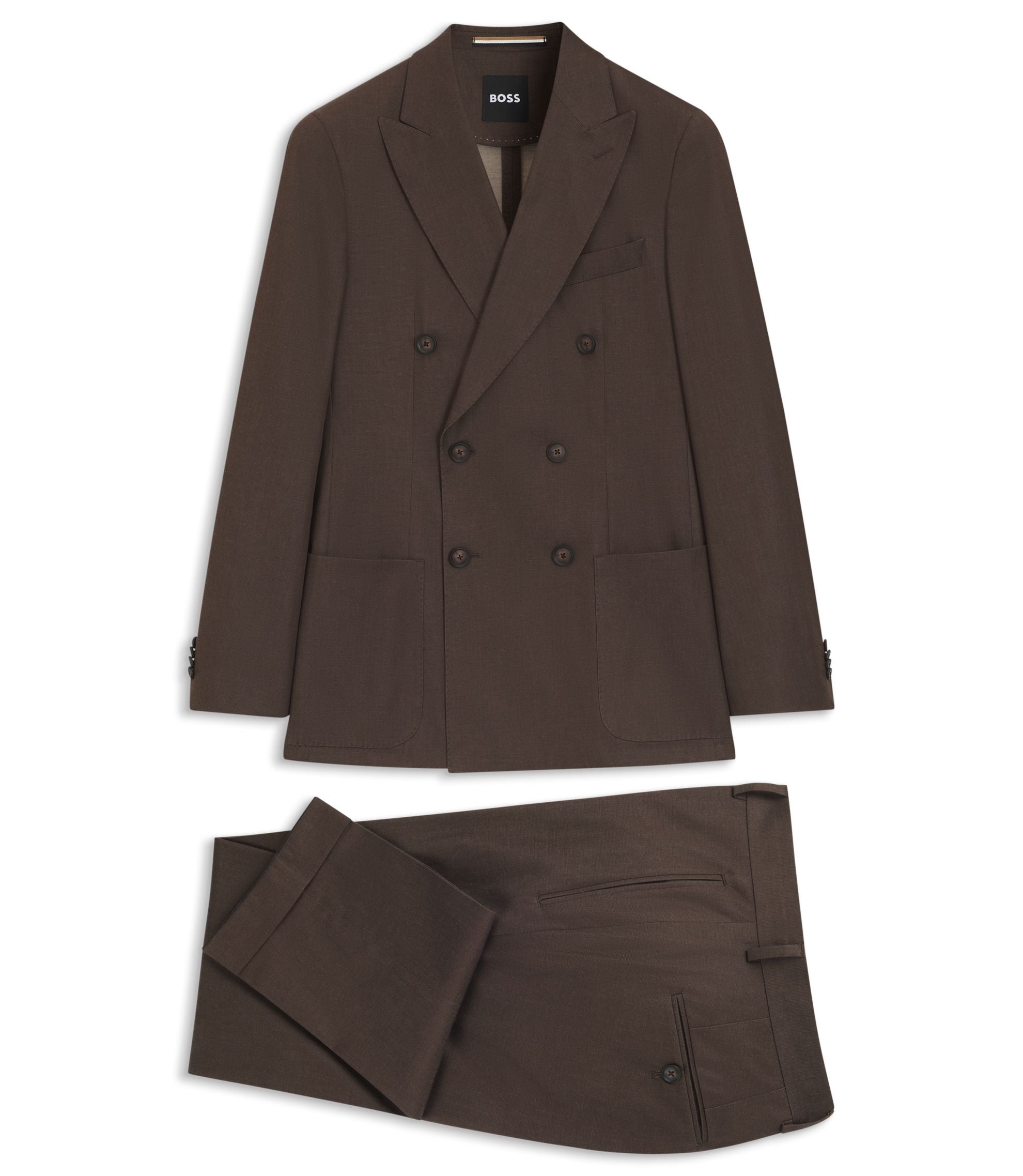 Boss Two Piece Slim Fit Suit In Stretch Cotton Dark Brown