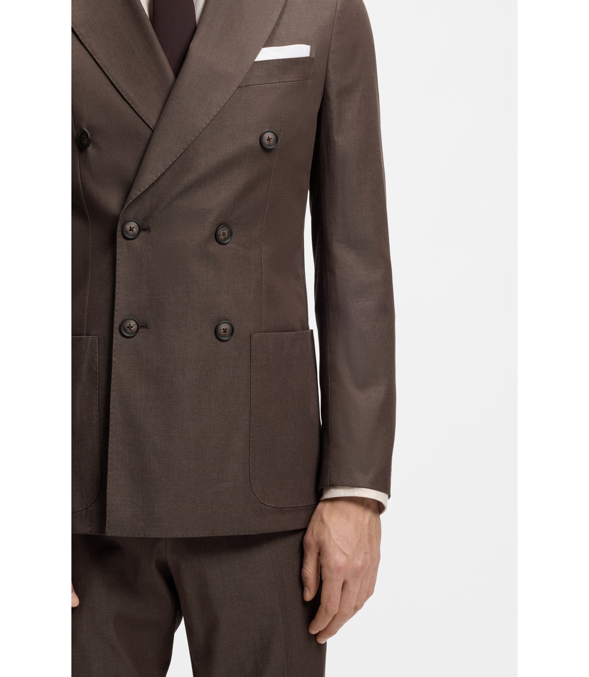 Boss Two Piece Slim Fit Suit In Stretch Cotton Dark Brown