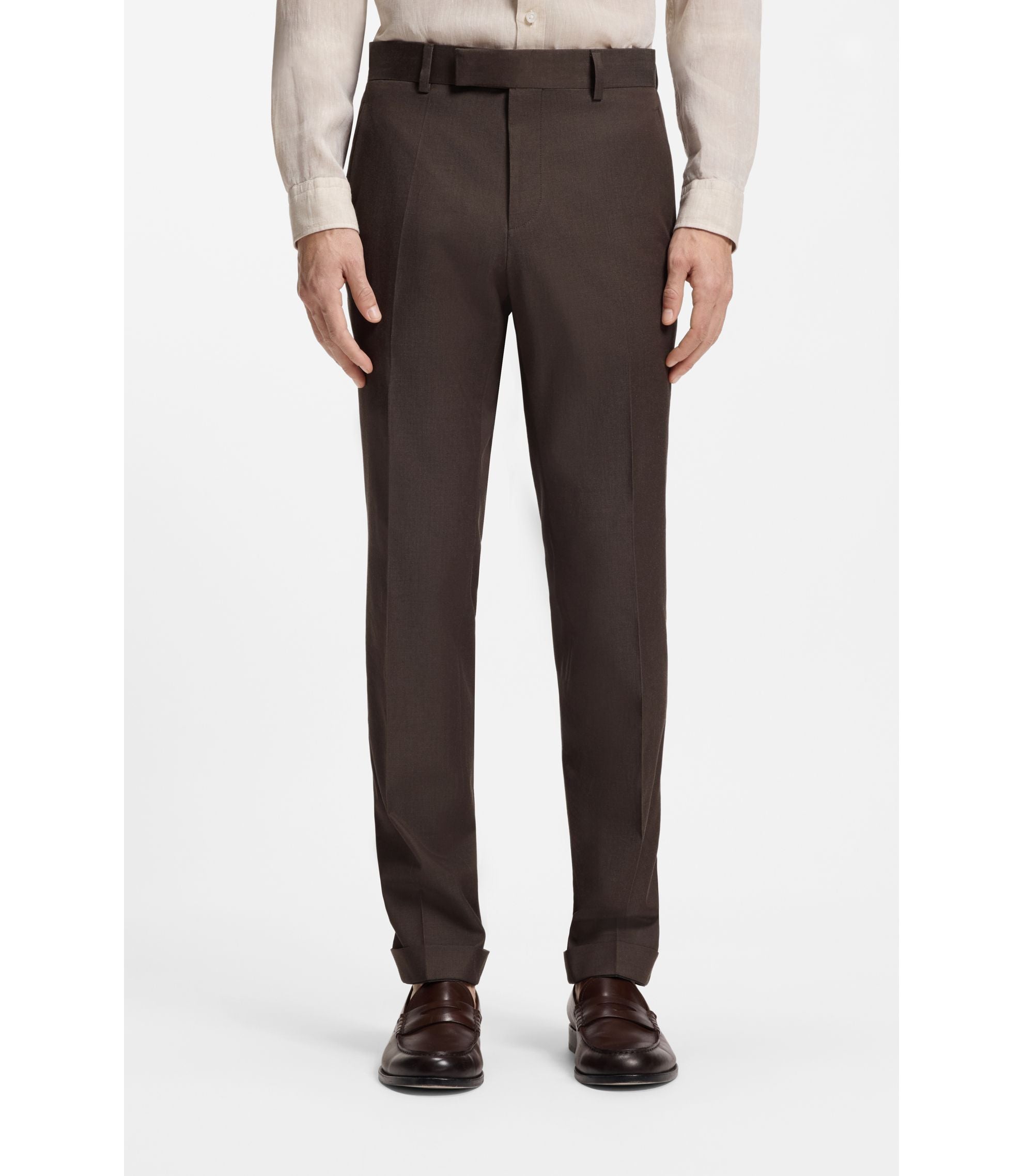 Boss Two Piece Slim Fit Suit In Stretch Cotton Dark Brown