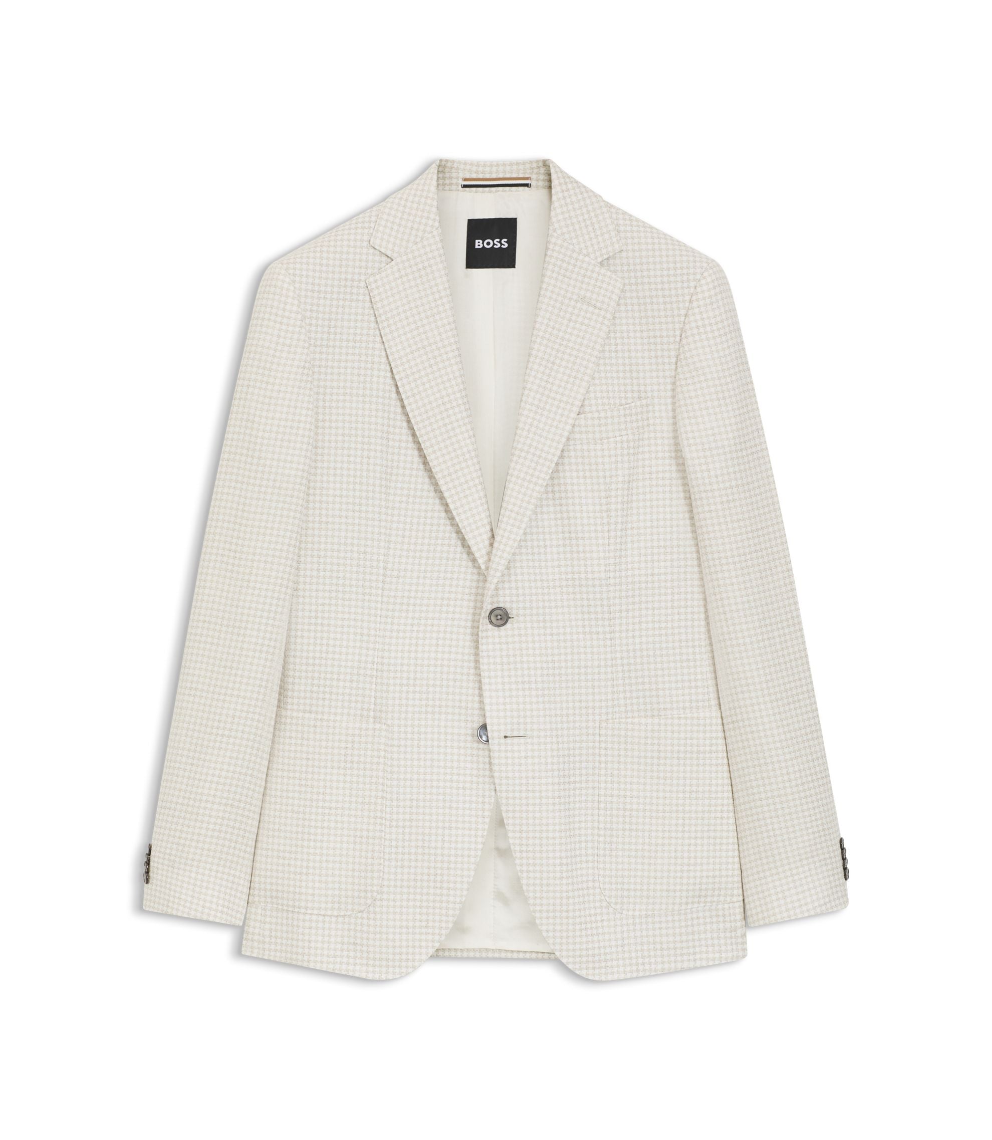 Boss Slim Fit Blazer In Checked Linen Cotton And Silk Light Beige