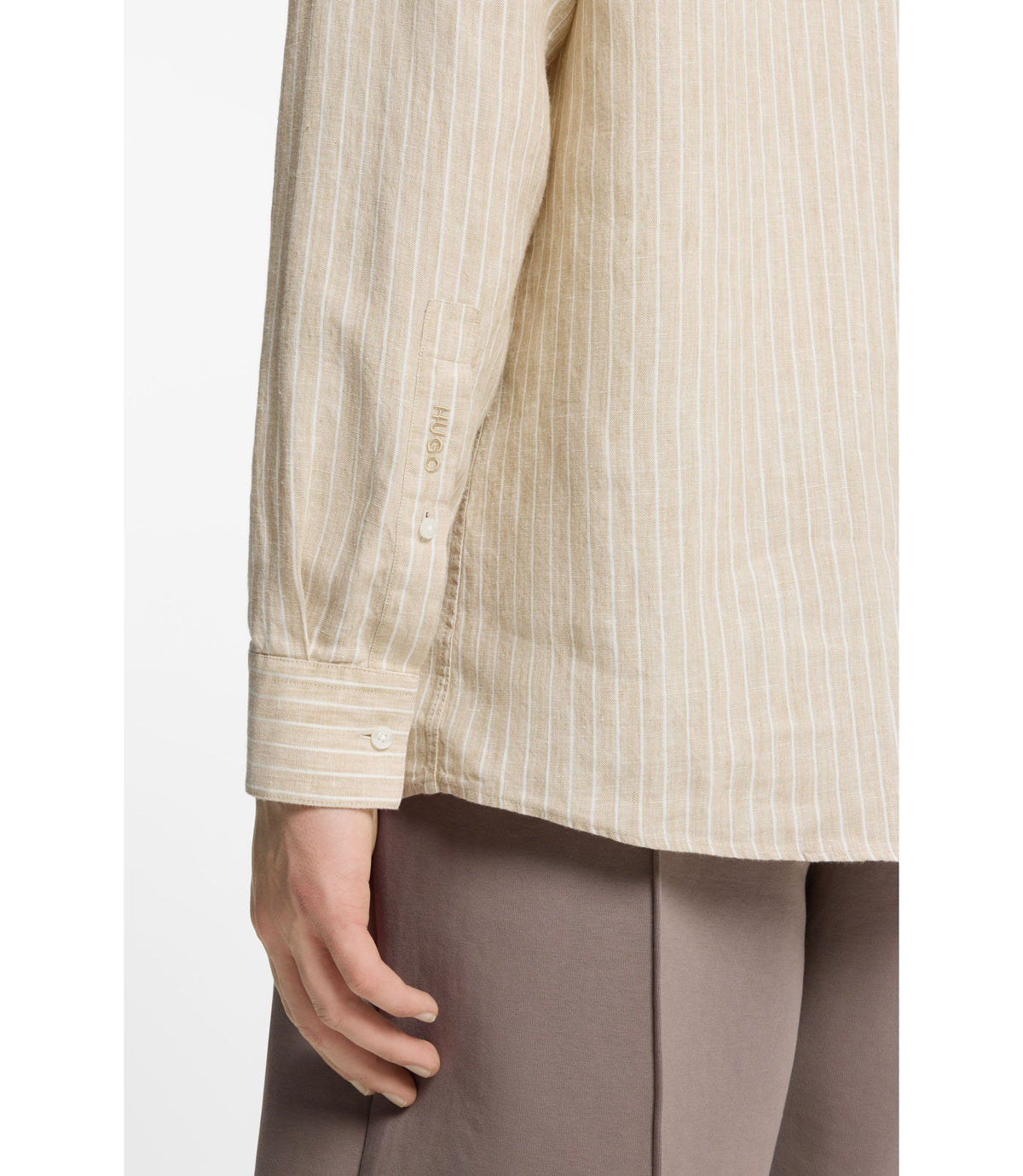Hugo Modern Fit Shirt In Striped Linen Beige