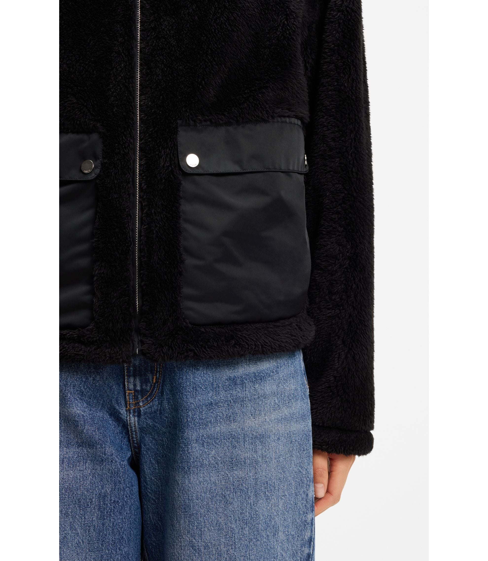 Hugo Faux Fur Coat With Contrasting Patch Pockets Black Women's