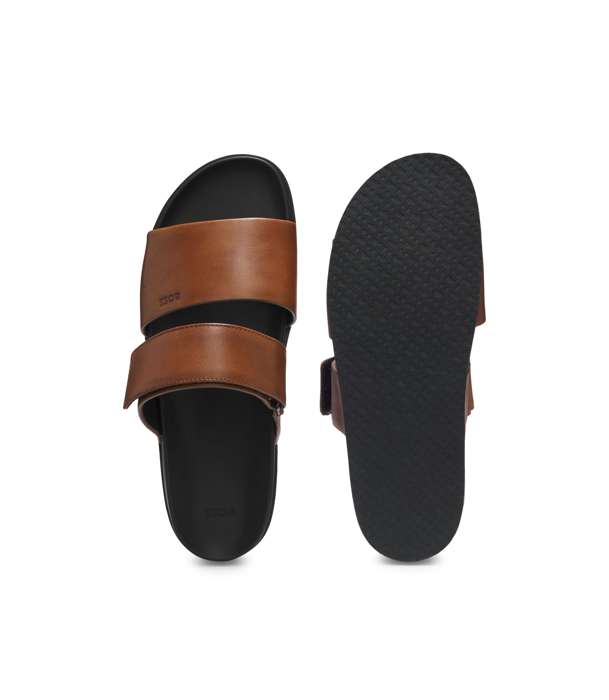 Boss Leather Slides With Riptape Strap Dark Brown Dark Brown