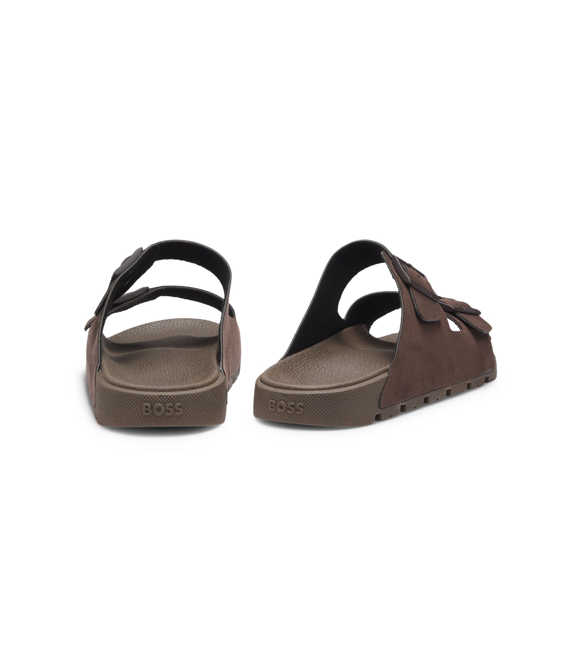 Boss Two Strap Slides With Branded Buckles Dark Brown Dark Brown