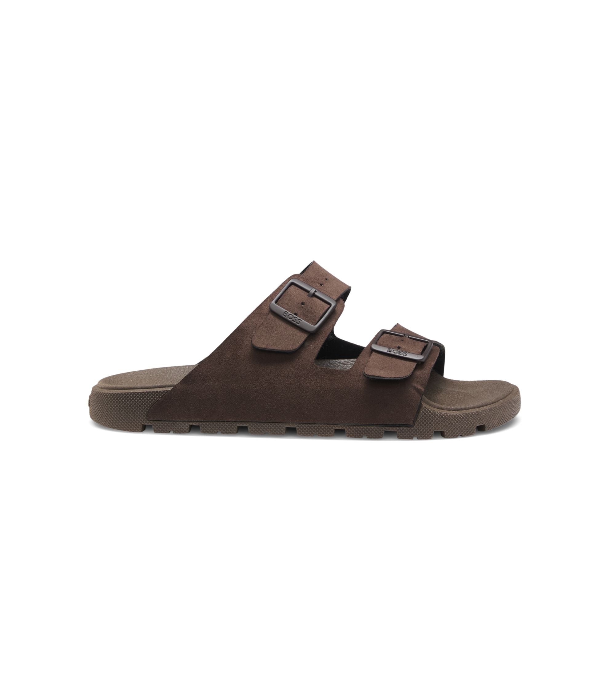 Boss Two Strap Slides With Branded Buckles Dark Brown Dark Brown