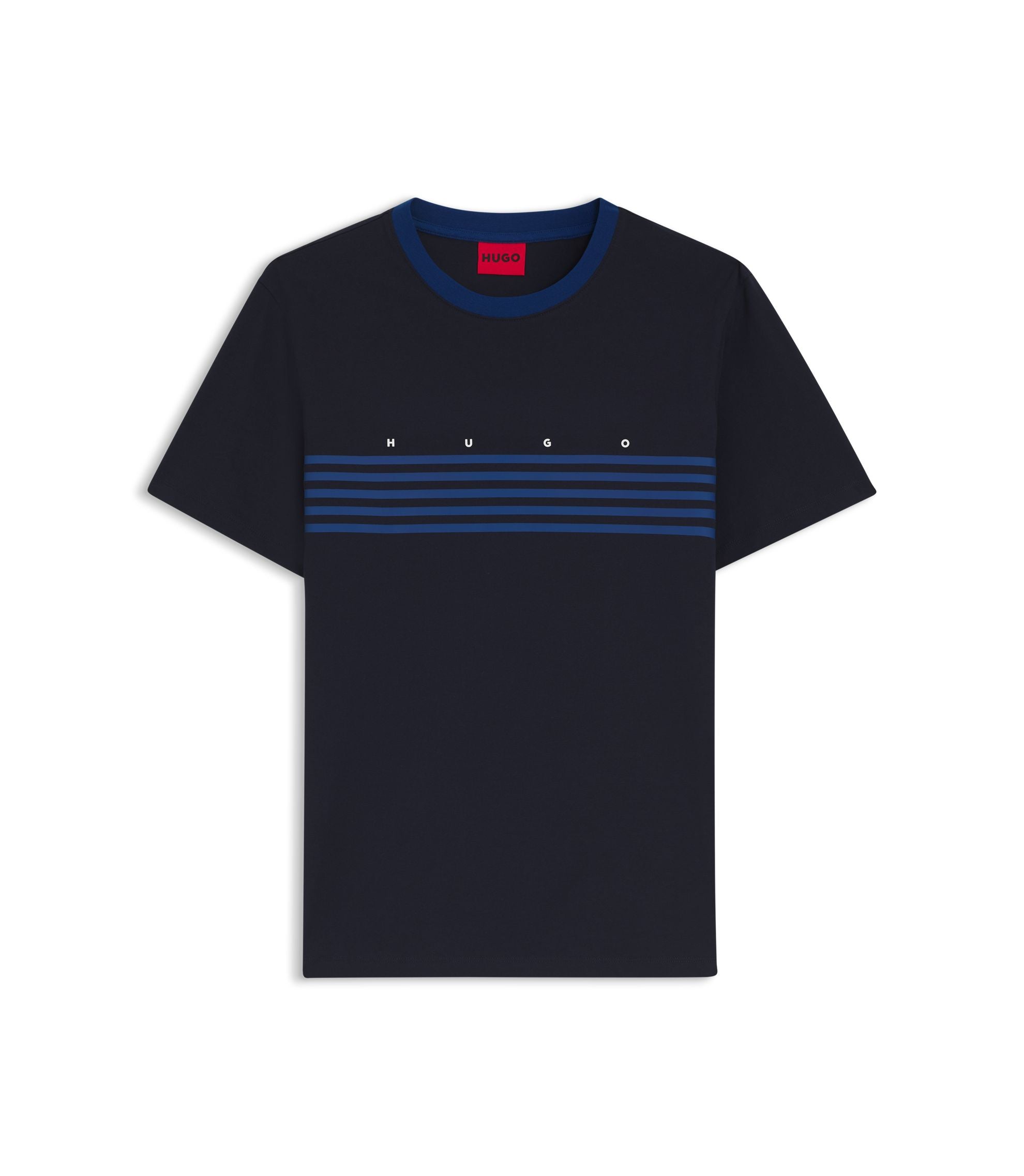 Hugo Cotton T Shirt With Printed Stripes Dark Blue