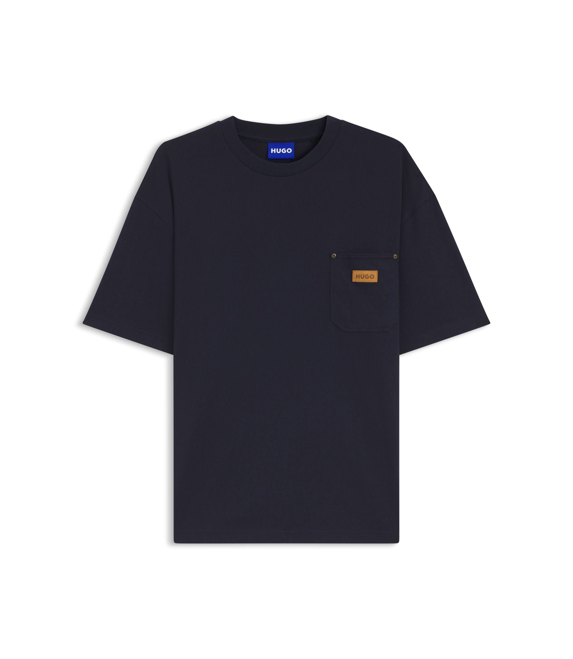 Hugo Loose Fit T Shirt In Cotton With Suede Logo Badge Dark Blue