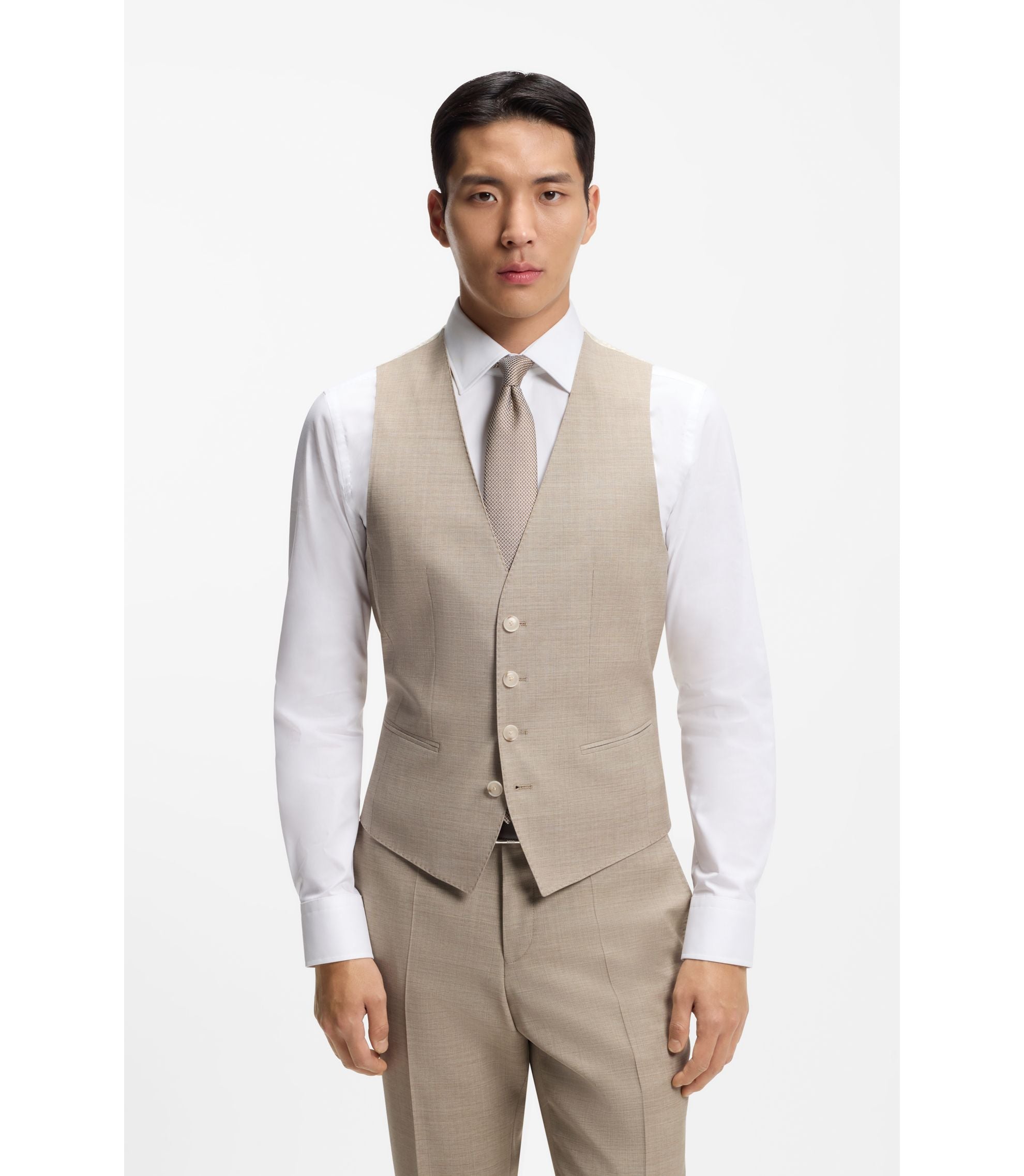 Boss Three Piece Slim Fit Suit In Patterned Stretch Wool Khaki