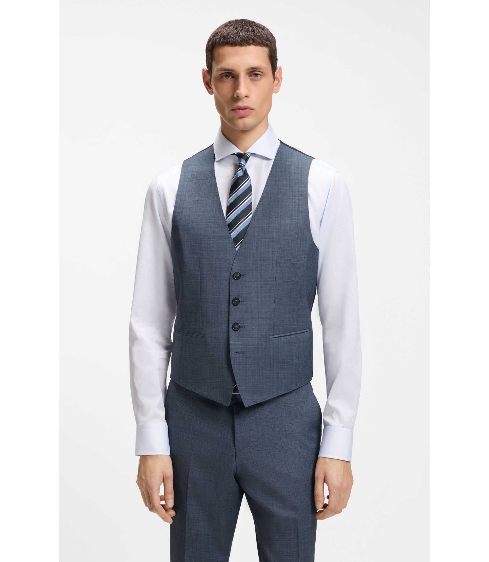 Boss Three Piece Slim Fit Suit In Patterned Stretch Wool Light Blue