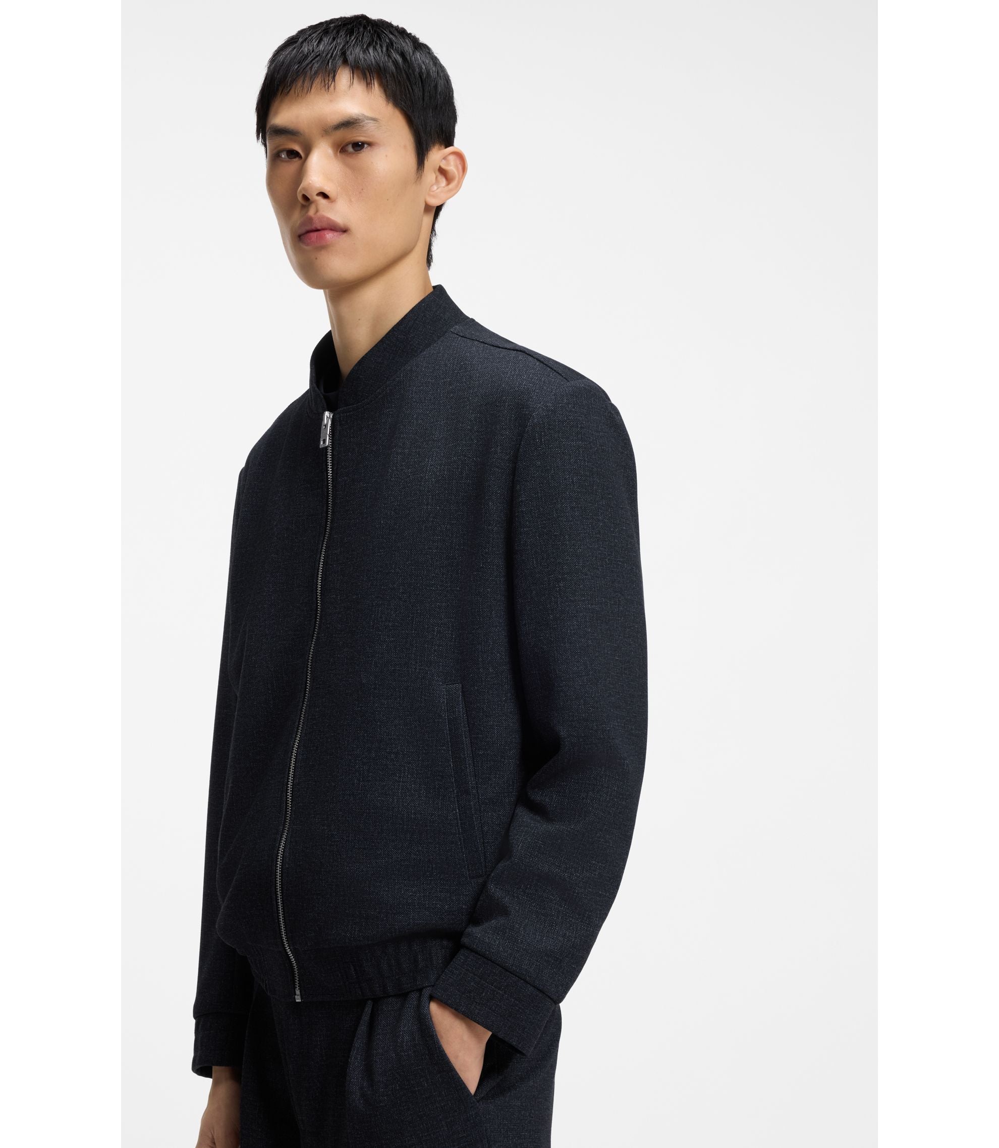 Hugo Slim Fit Jacket In Micro Printed Stretch Fabric Dark Blue
