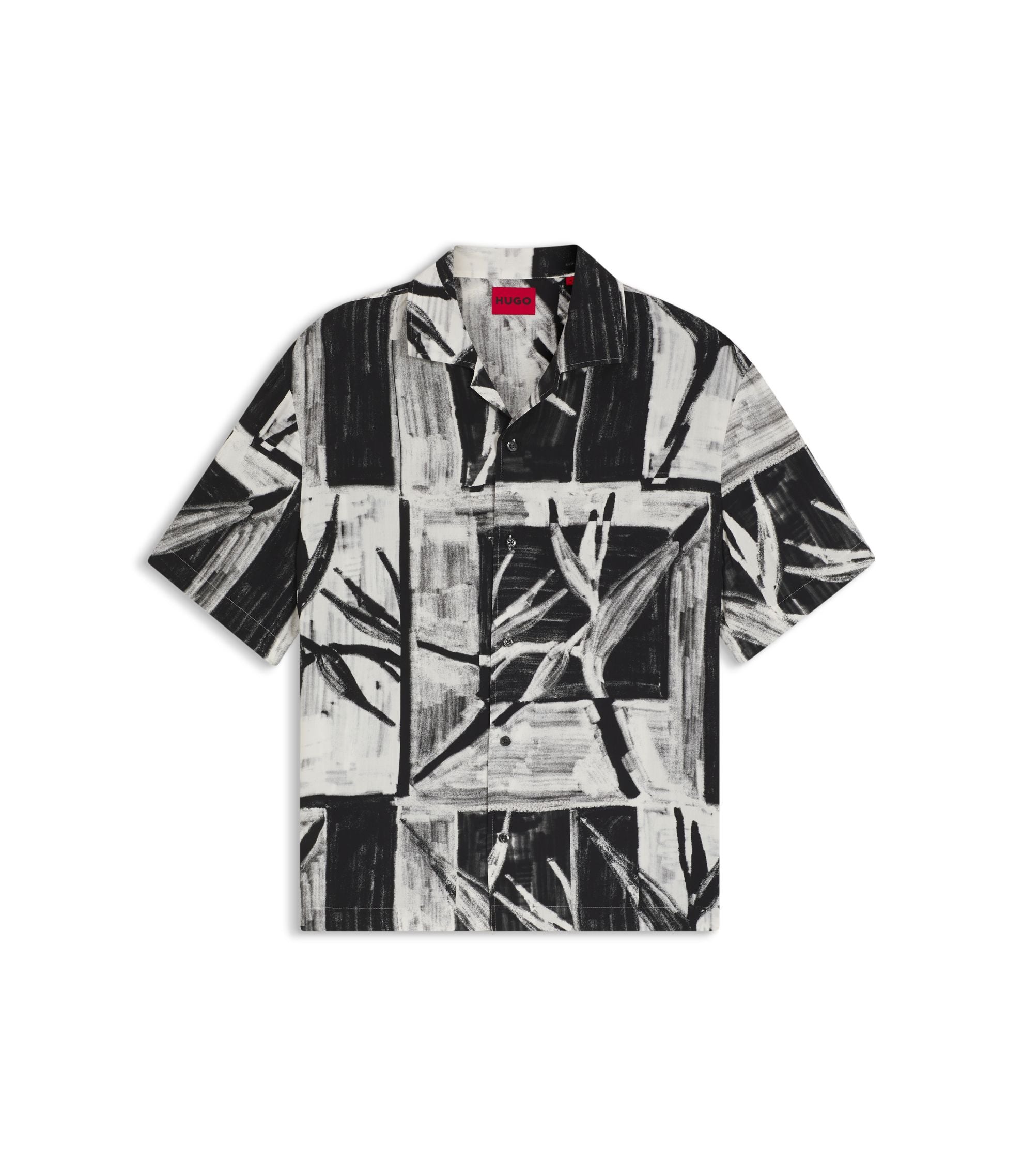Hugo Oversized Fit Printed Shirt With Camp Collar Black