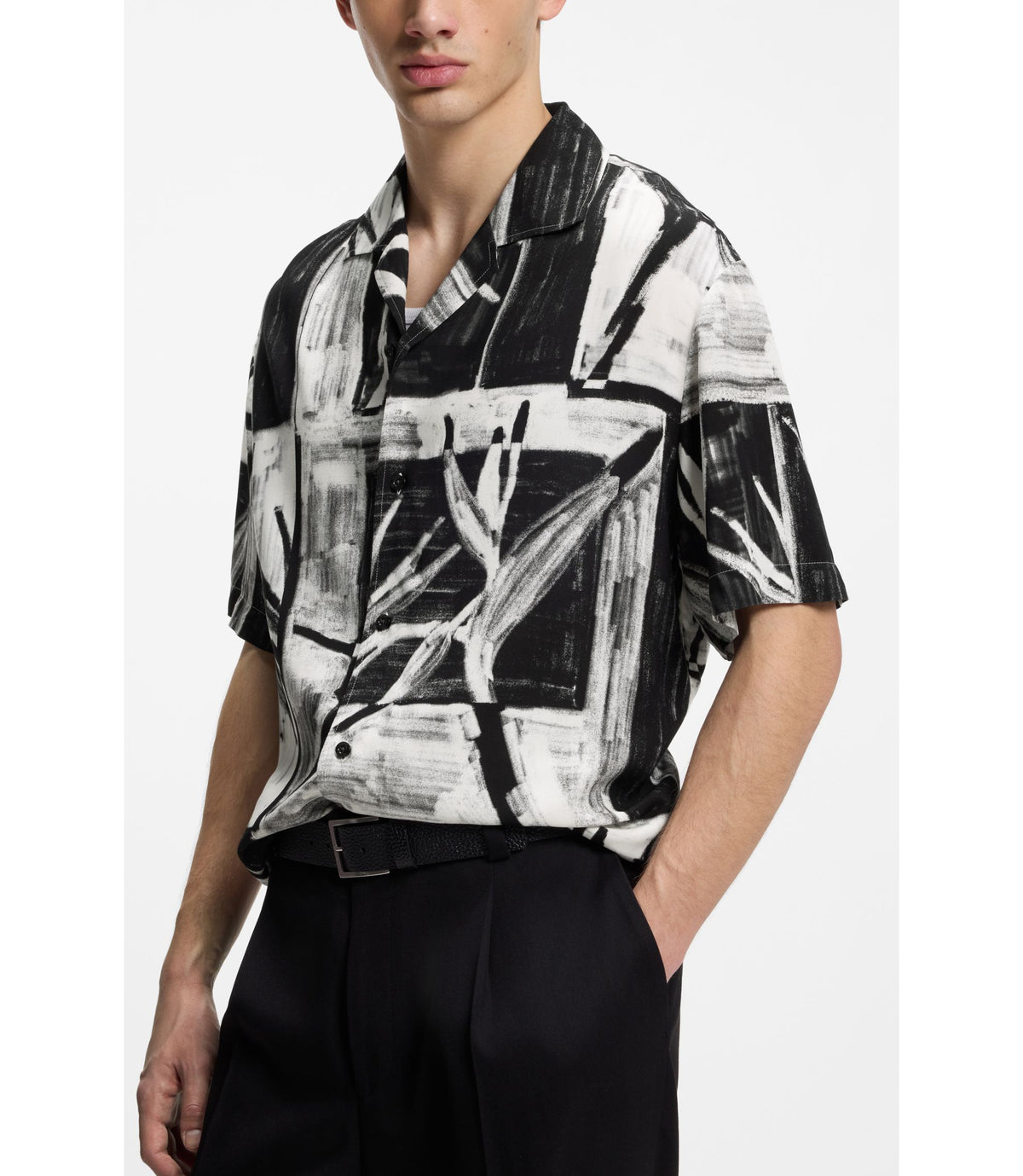 Hugo Oversized Fit Printed Shirt With Camp Collar Black