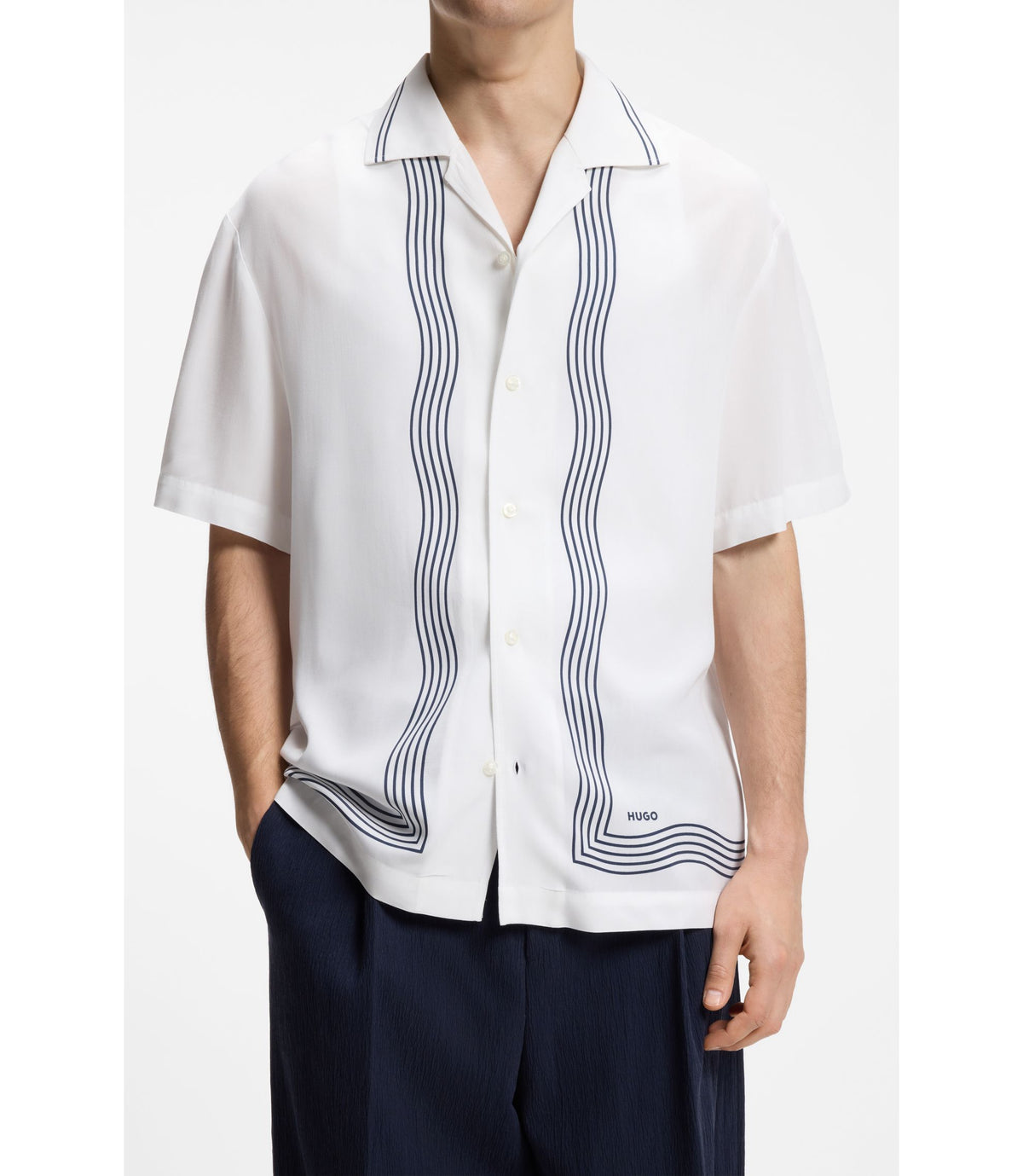 Hugo Oversized Fit Printed Shirt With Camp Collar White