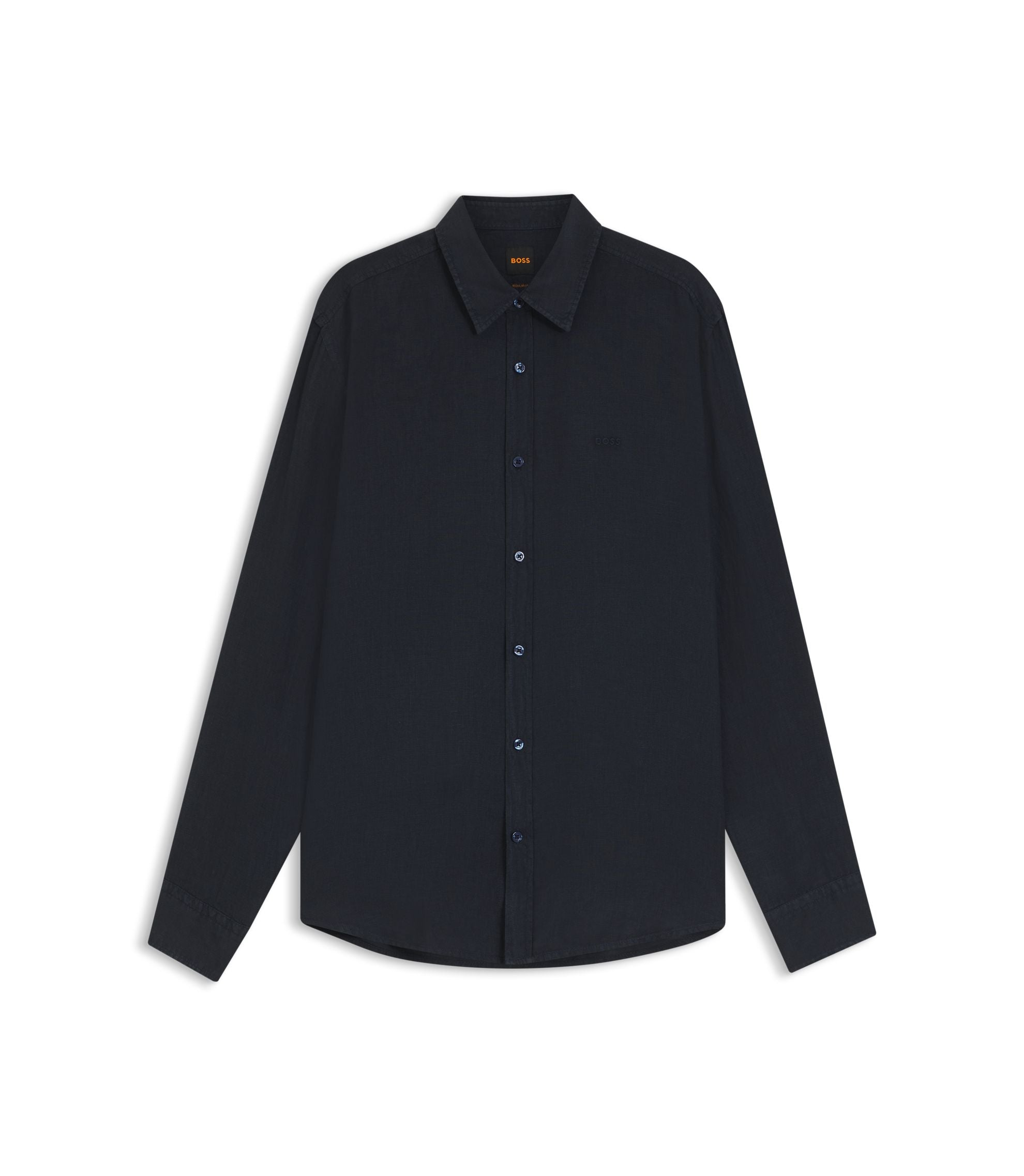 Boss Regular Fit Shirt In Linen Dark Blue
