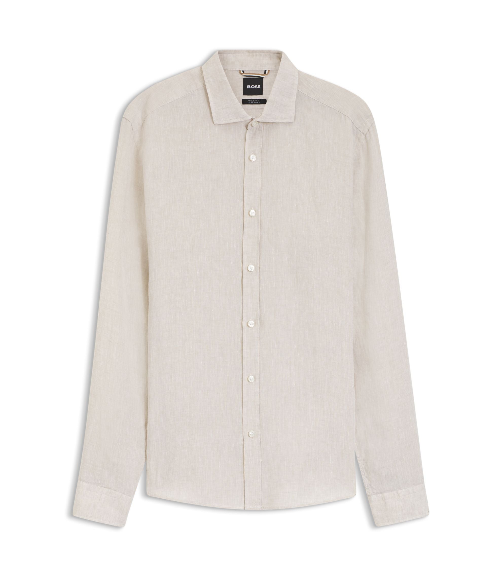 Boss Regular Fit Shirt In Washed Linen Light Beige