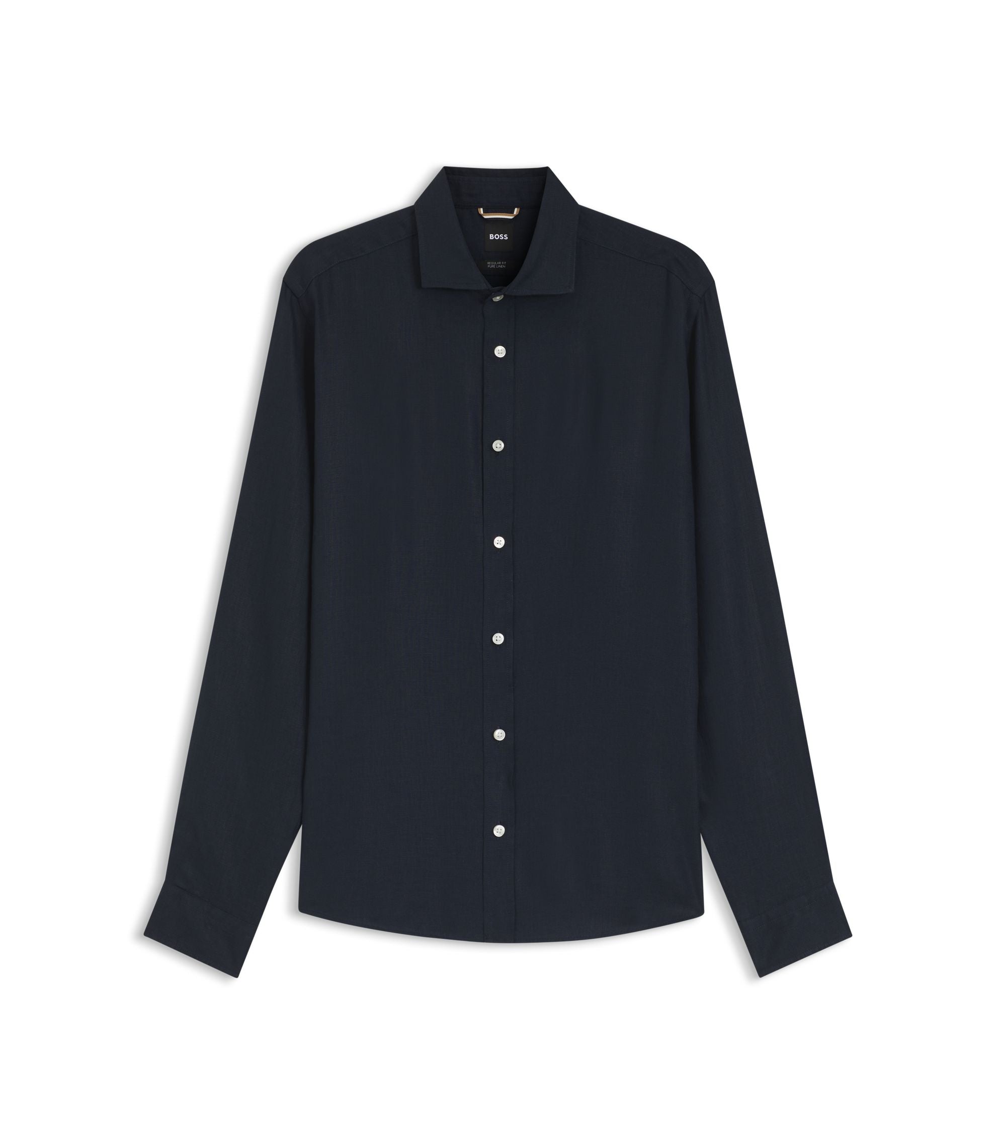 Boss Regular Fit Shirt In Washed Linen Dark Blue