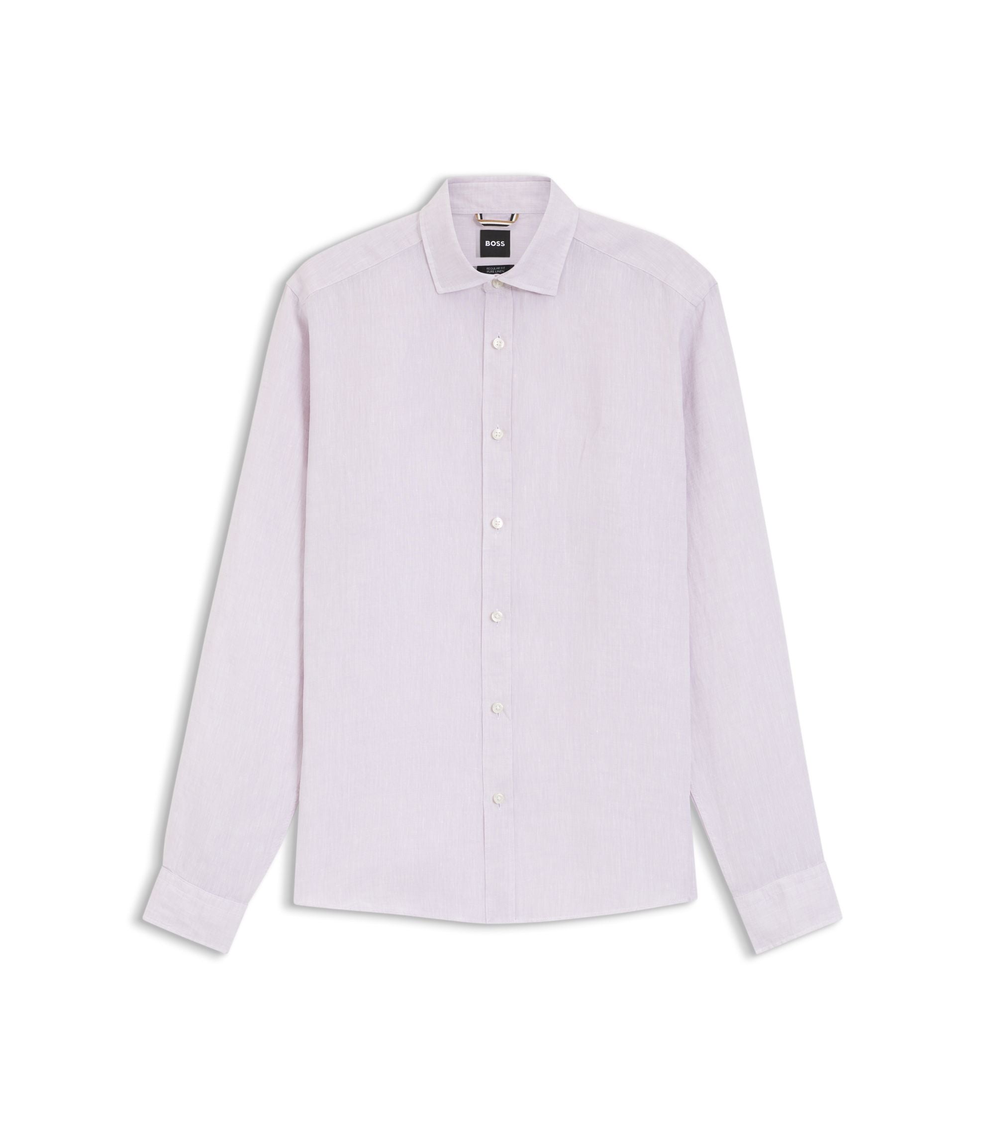 Boss Regular Fit Shirt In Washed Linen Light Purple