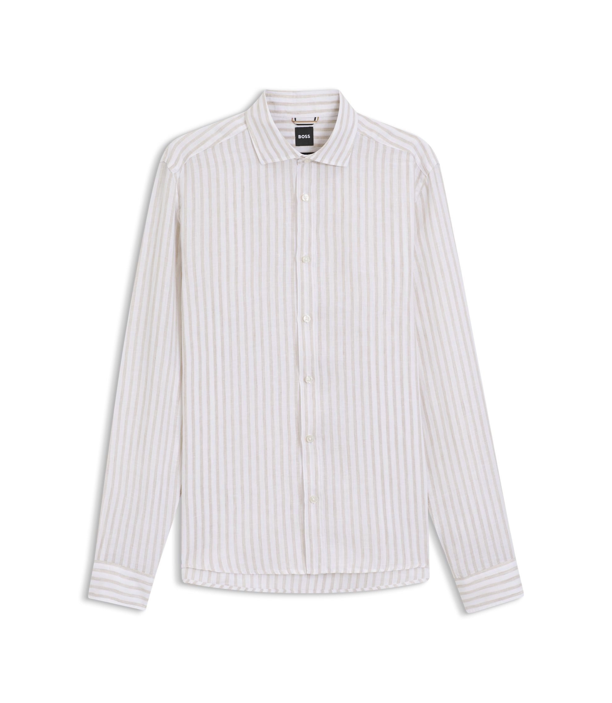 Boss Regular Fit Shirt In Striped Linen Light Beige