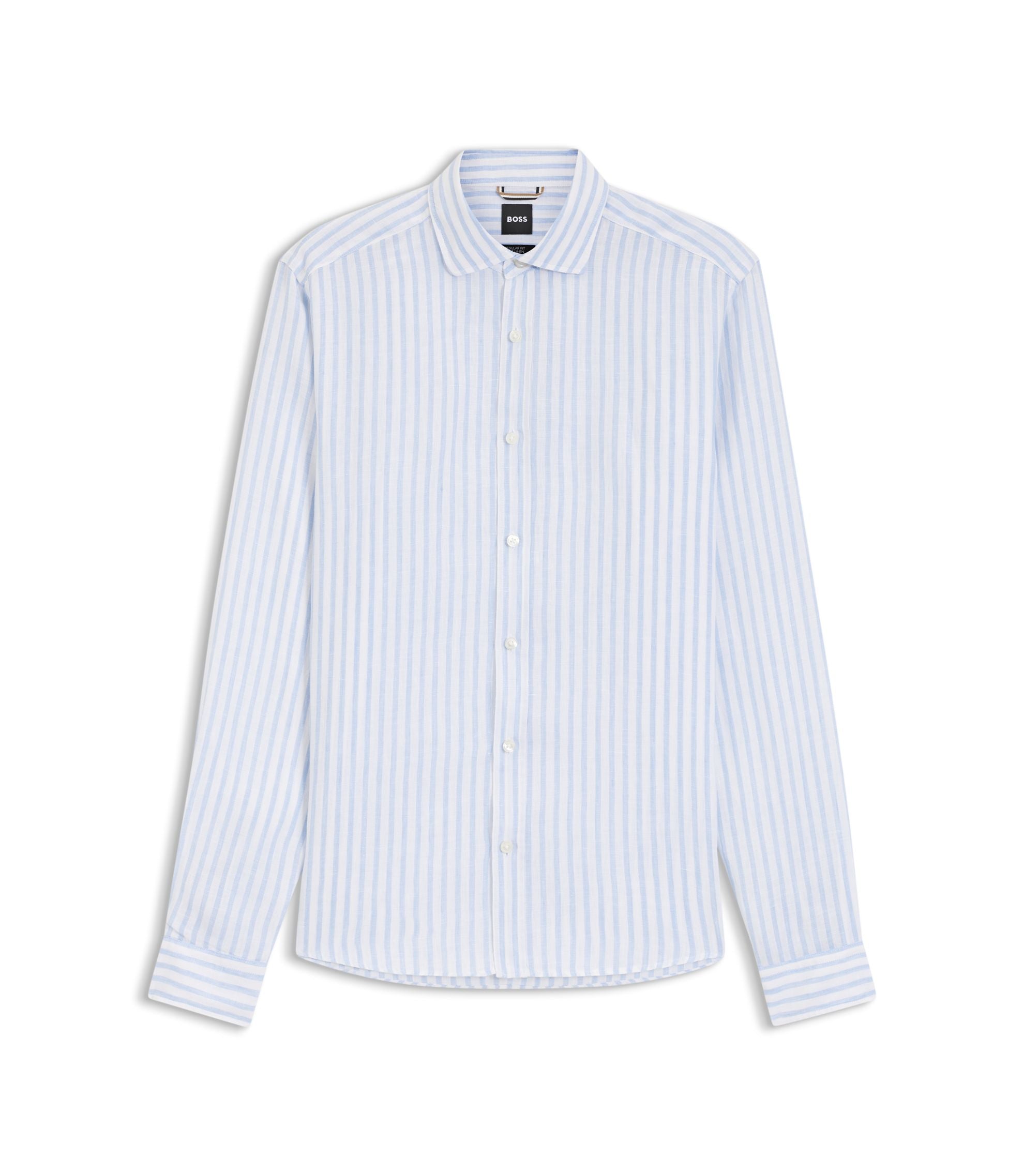 Boss Regular Fit Shirt In Striped Linen Light Blue