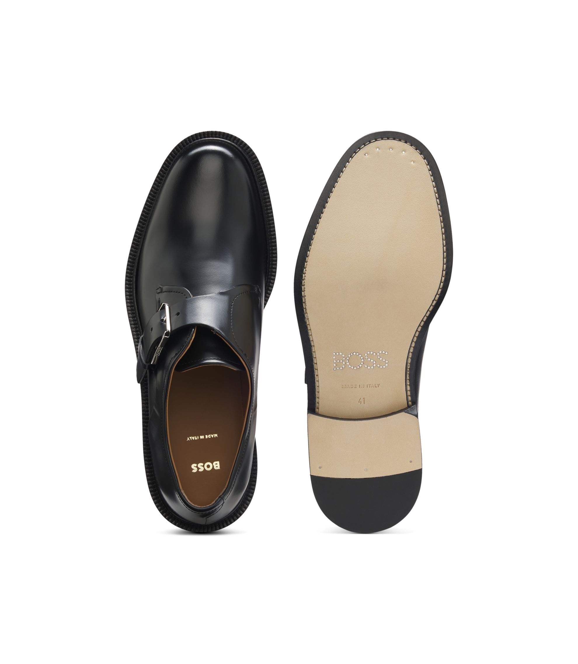 Boss Runway Monk Shoes In Italian Leather Black Black