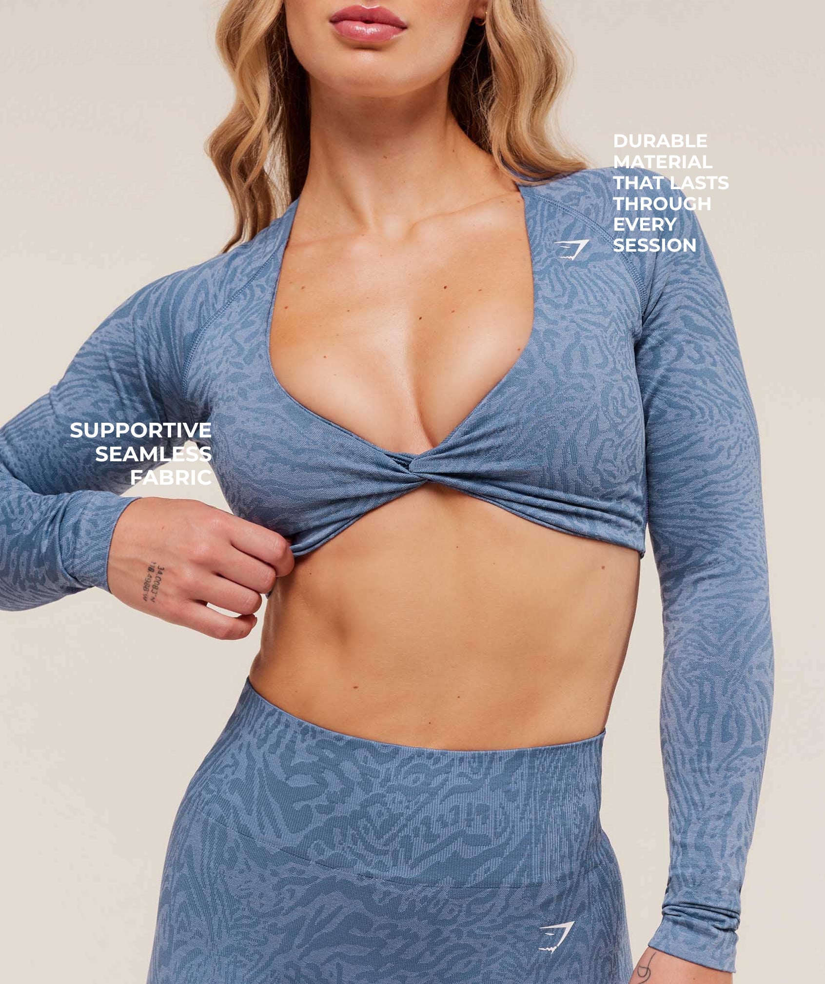 Women's Gymshark Adapt Animal Long Sleeve Crop Top Worn Blue