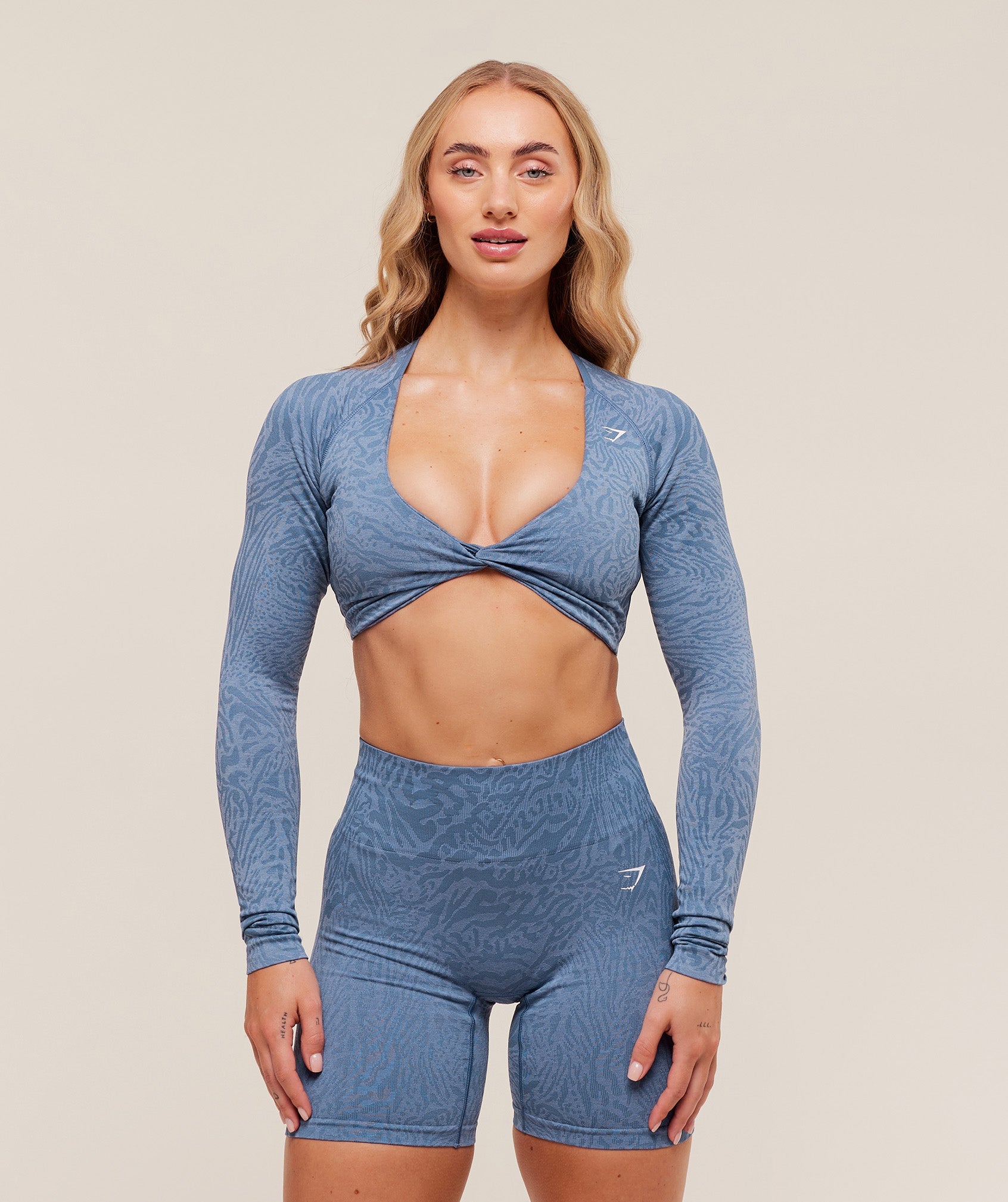 Women's Gymshark Adapt Animal Long Sleeve Crop Top Worn Blue