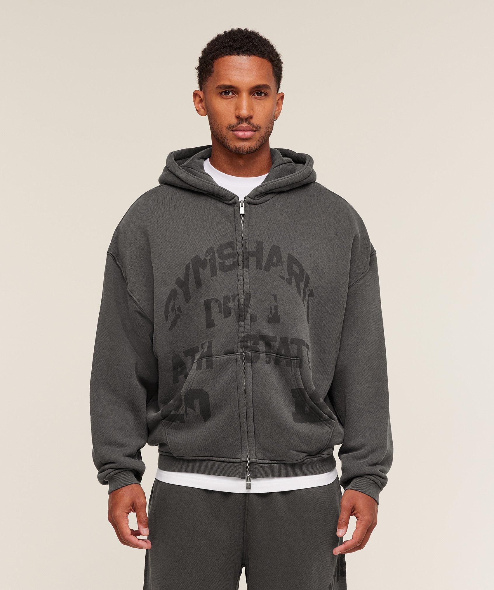 Gymshark Collegiate Washed Zip Up Hoodie Asphalt Grey